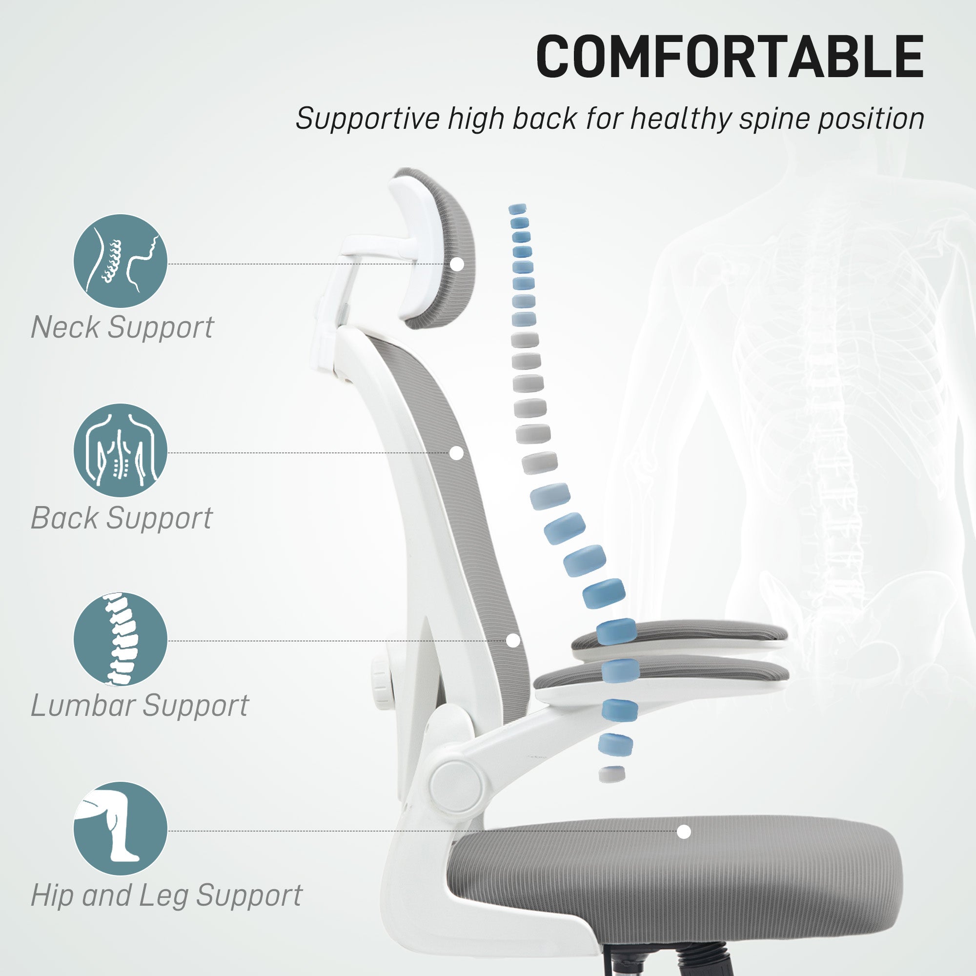 HOMCOM Executive Office Chair, Ergonomic Mesh High Back Desk Chair with Flip-up Armrest, Rotatable Headrest, Adjustable Lumbar Support, Swivel Computer Chair for Home Study, Grey