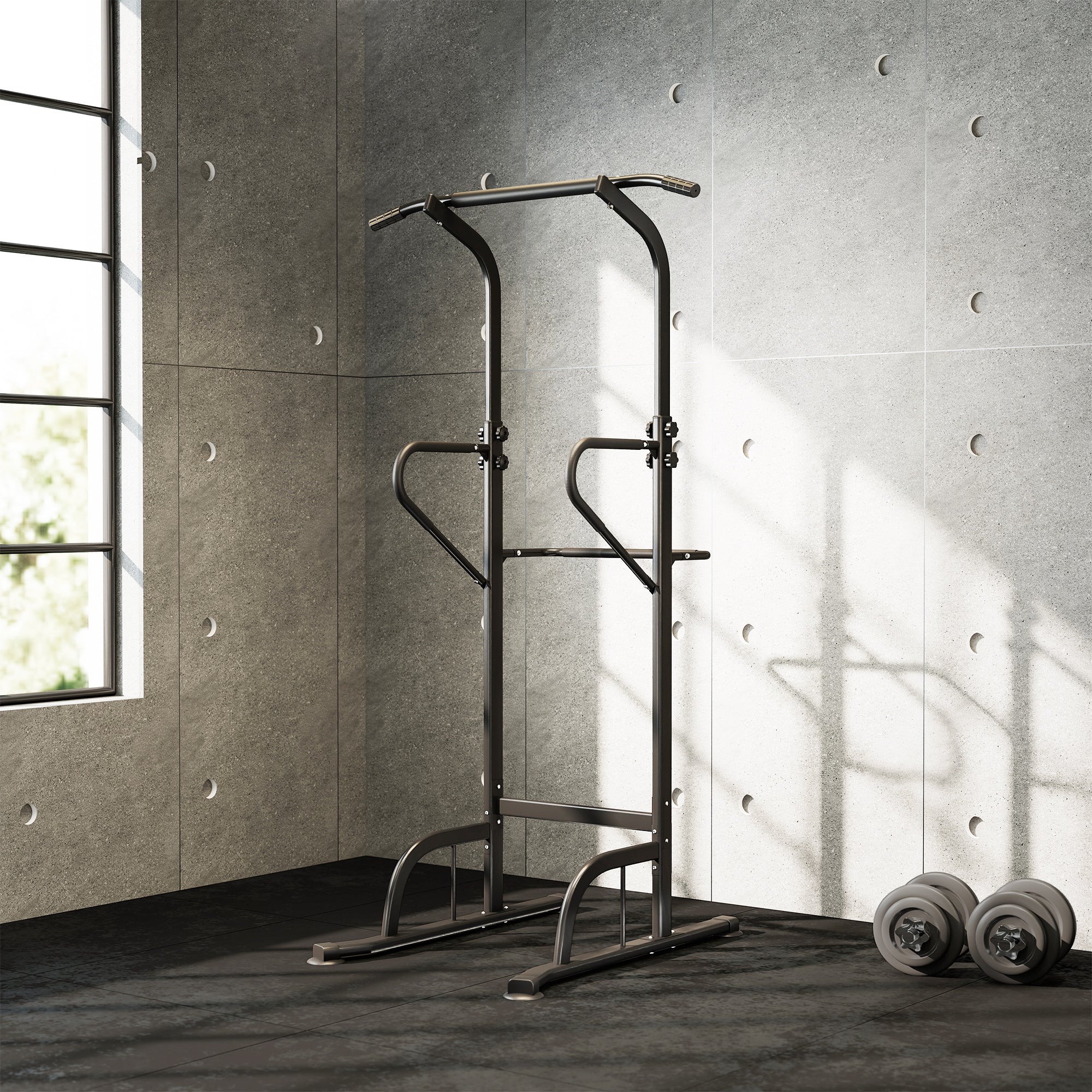 HOMCOM Power Tower Dip Station Pull Up Bar Multi-Function Push Up Equipment with Adjustable Height for Home Gym Strength Training Workout Fitness