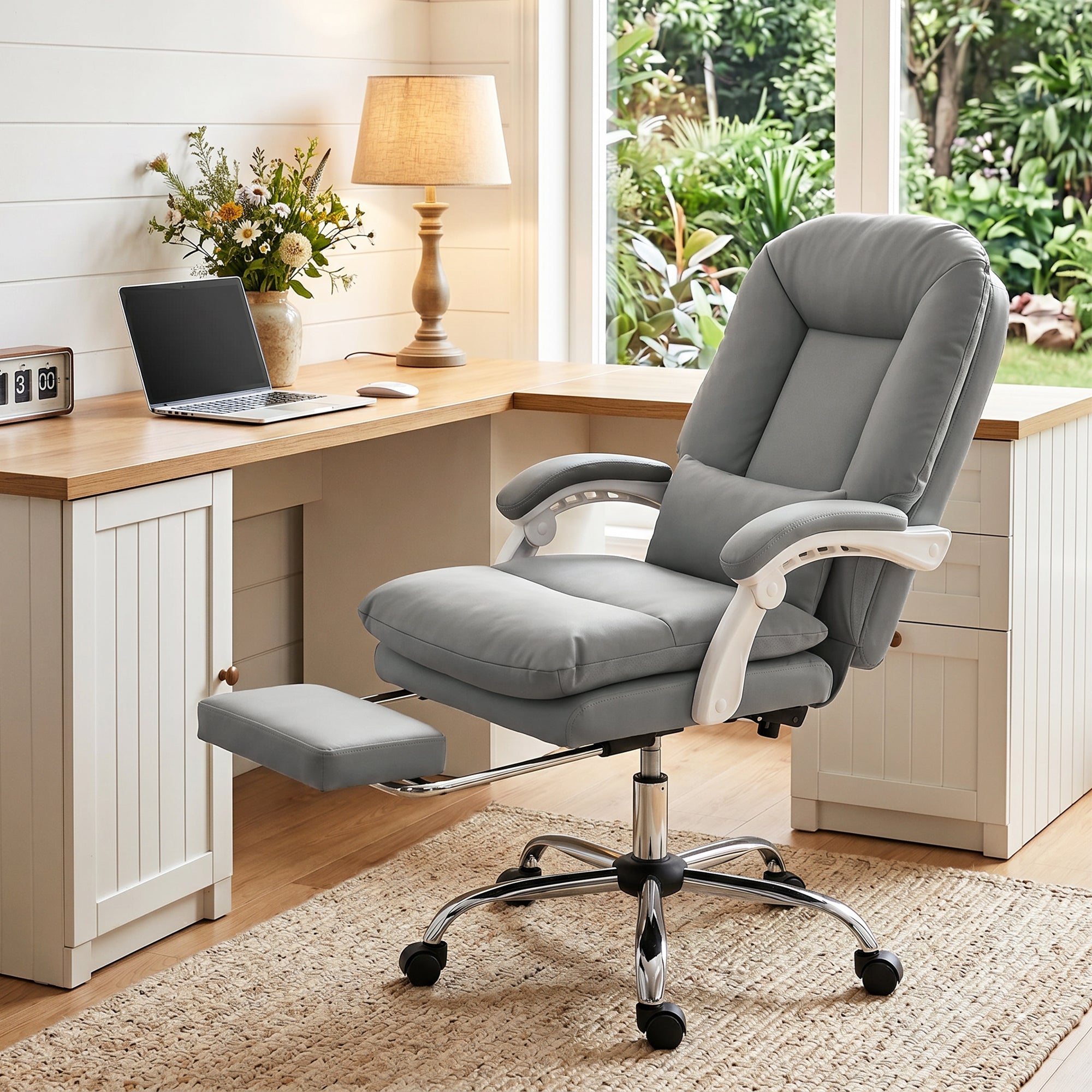 HOMCOM Ergonomic Executive Office Chair, Velvet Reclining Desk Chair with Lumbar Support, Footrest, Plush Thick Cushion, Grey