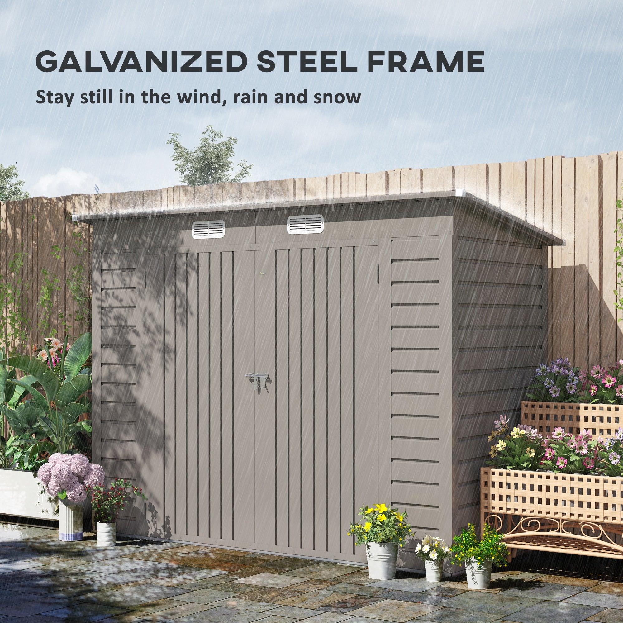 Outsunny 3.7 x 7.9ft Galvanised Steel Shed, with Latched Door and Padlock - Light Grey - North Peak Garden Furniture
