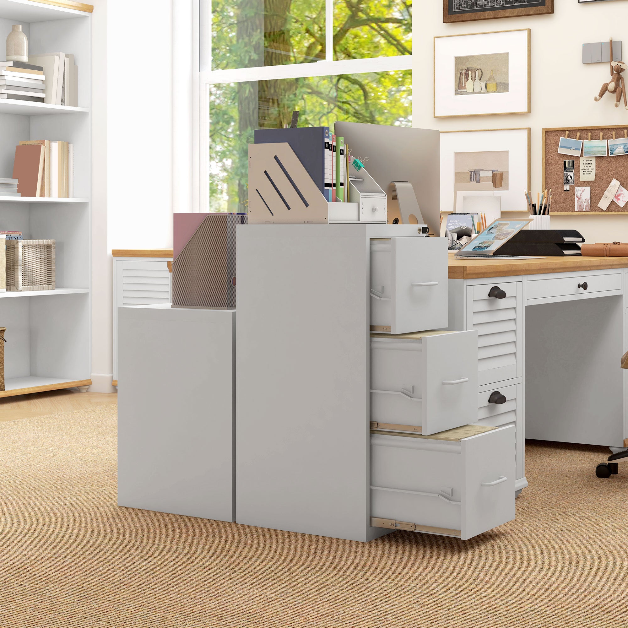 HOMCOM Three-Drawer Modern Steel Filing Cabinet - Cream - North Peak Garden Furniture