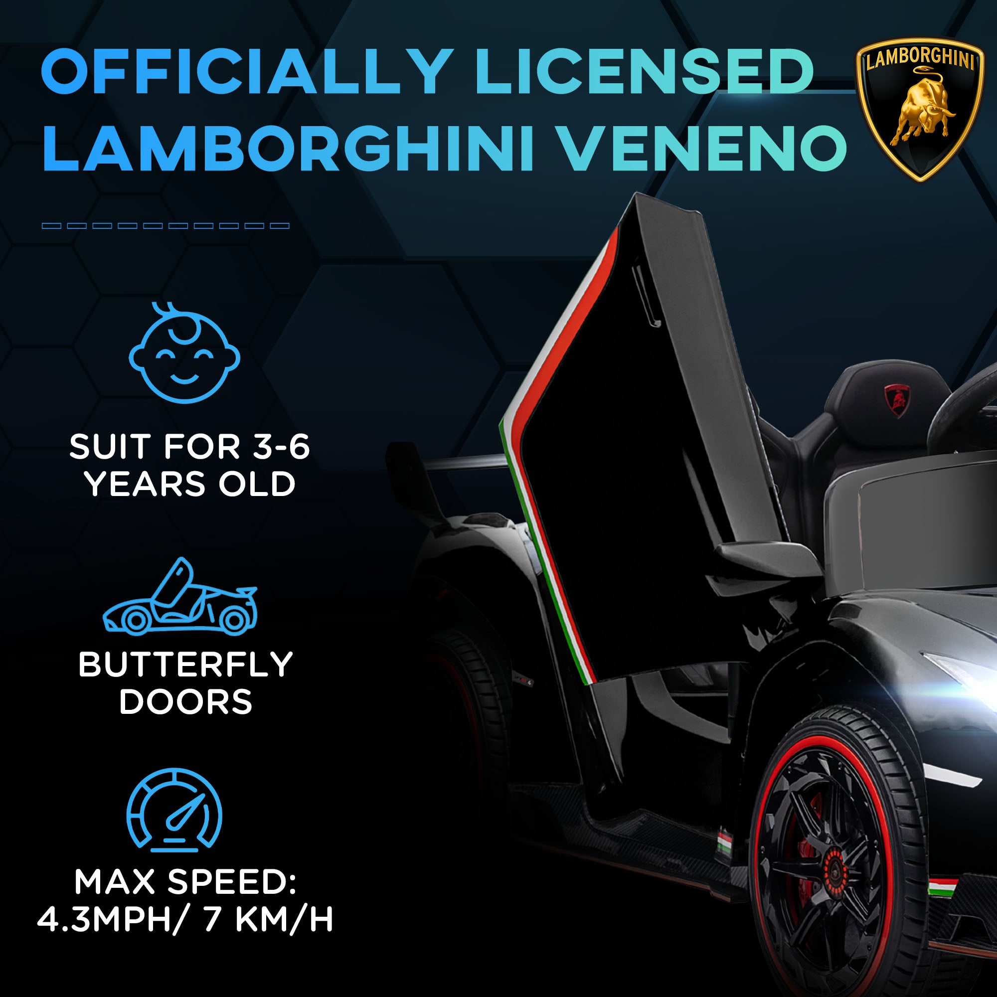 HOMCOM Lamborghini Veneno Licensed Electric Ride-On Car, with Remote, Music, Horn - Black - North Peak Garden Furniture