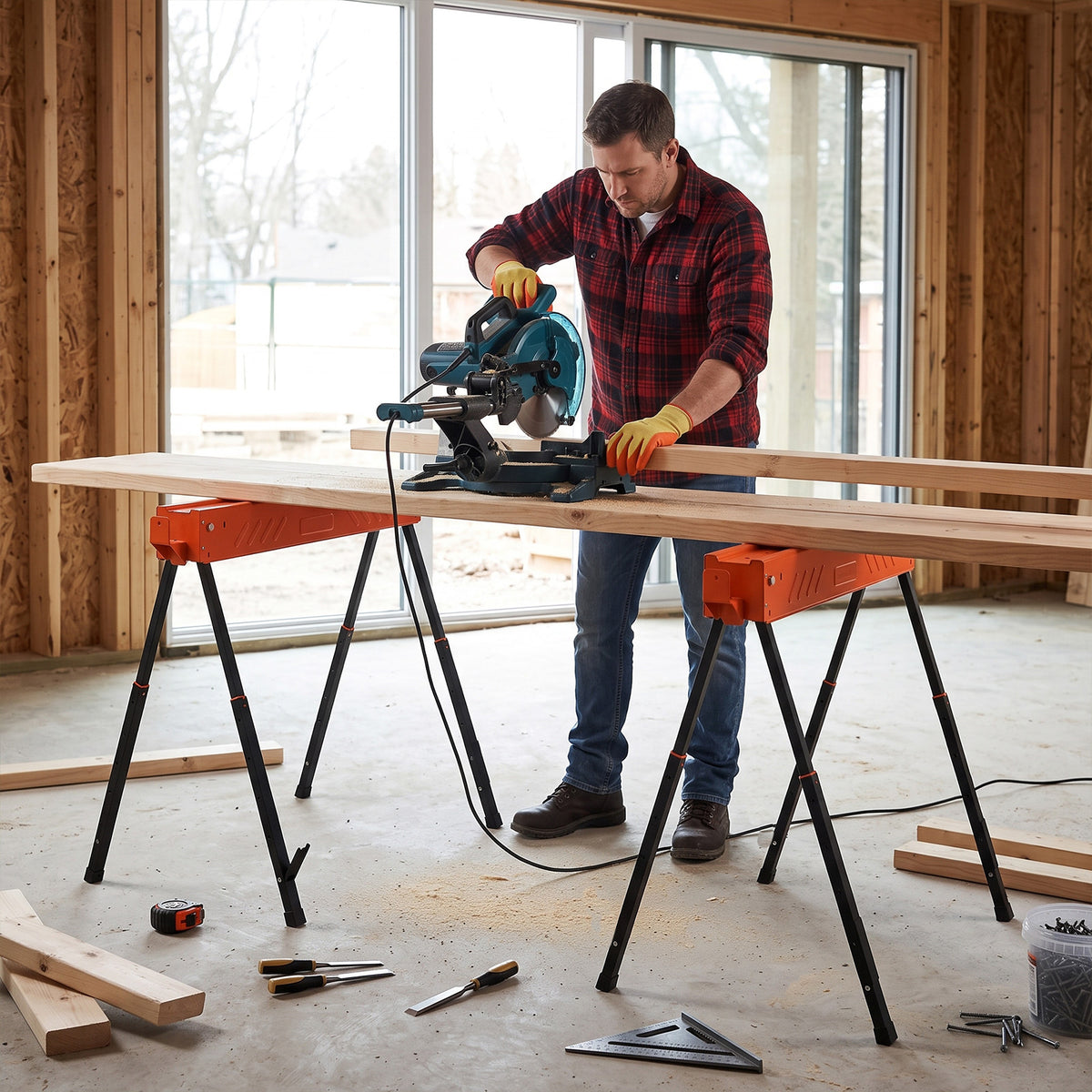 HOMCOM Saw Horses Twin Pack, Folding Work Bench Sawhorses with Height Adjustable Legs, 2x4 Bracket, Orange