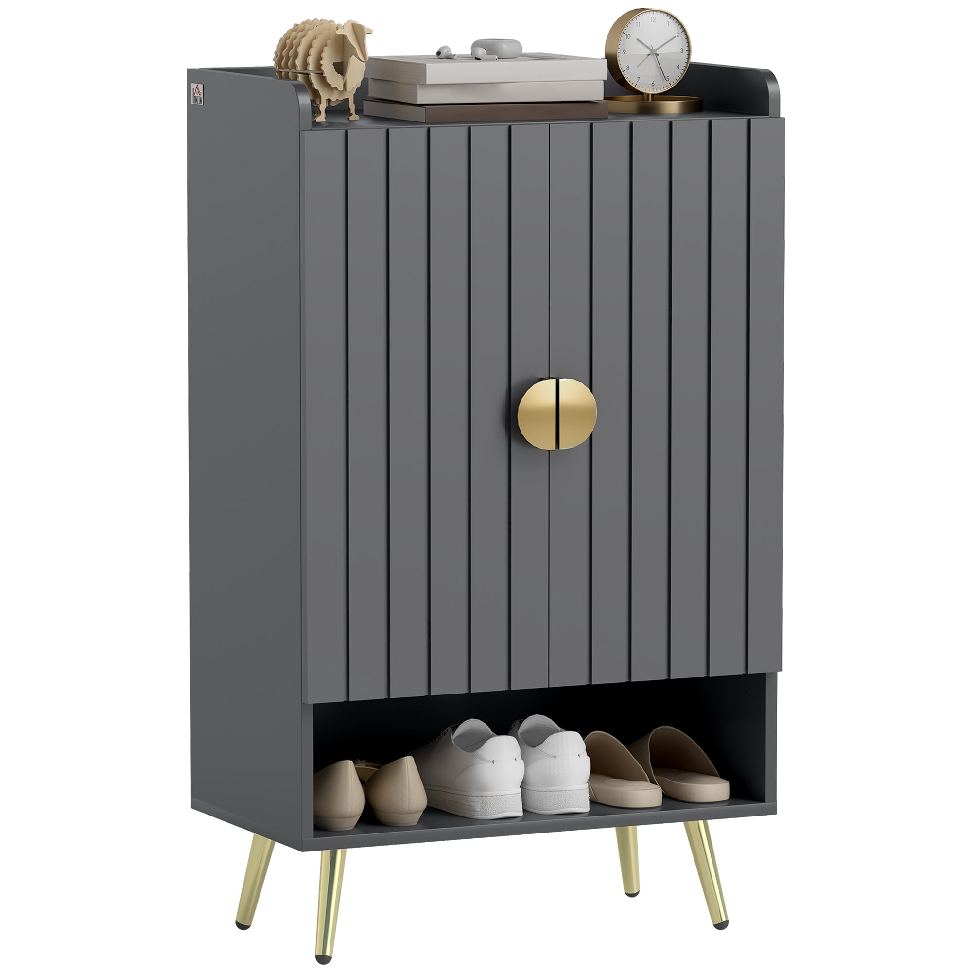 HOMCOM Modern Shoe Cabinet with 2 Doors, Open Shelf and Adjustable Shelves, 15 Pair Hallway Shoe Cupboard, Entryway Storage Unit, Grey