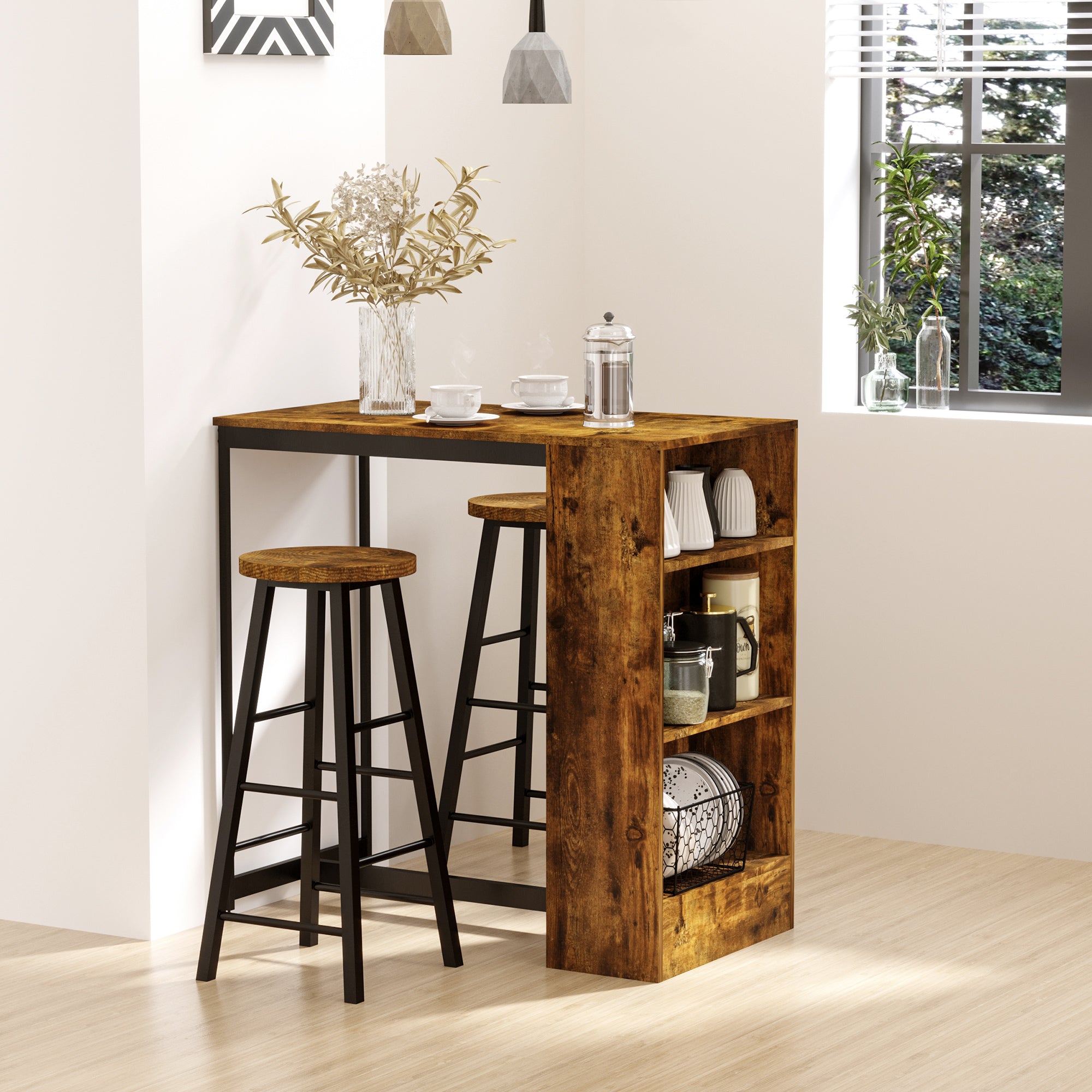 HOMCOM Industrial Bar Table Set for 2, 3 Pieces Pub Table and Bar Stools with Storage Shelf for Kitchen - North Peak Garden Furniture