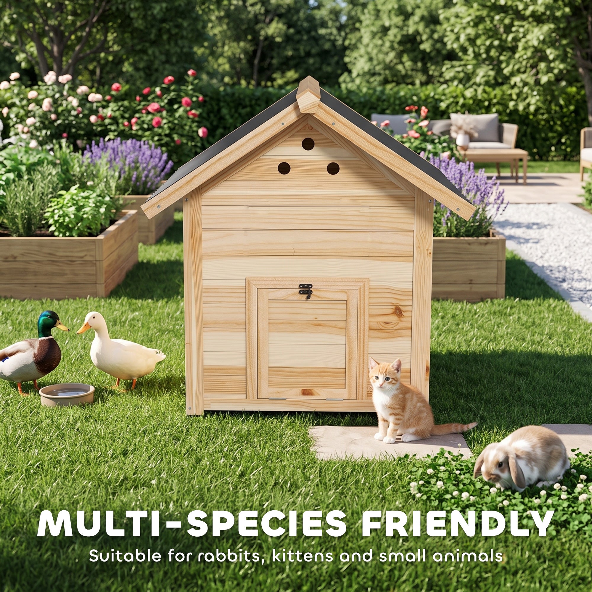 PawHut Wooden Duck House with Double Doors, Openable Roof, Ventilation Holes, Removable Base, Natural Wood Finish