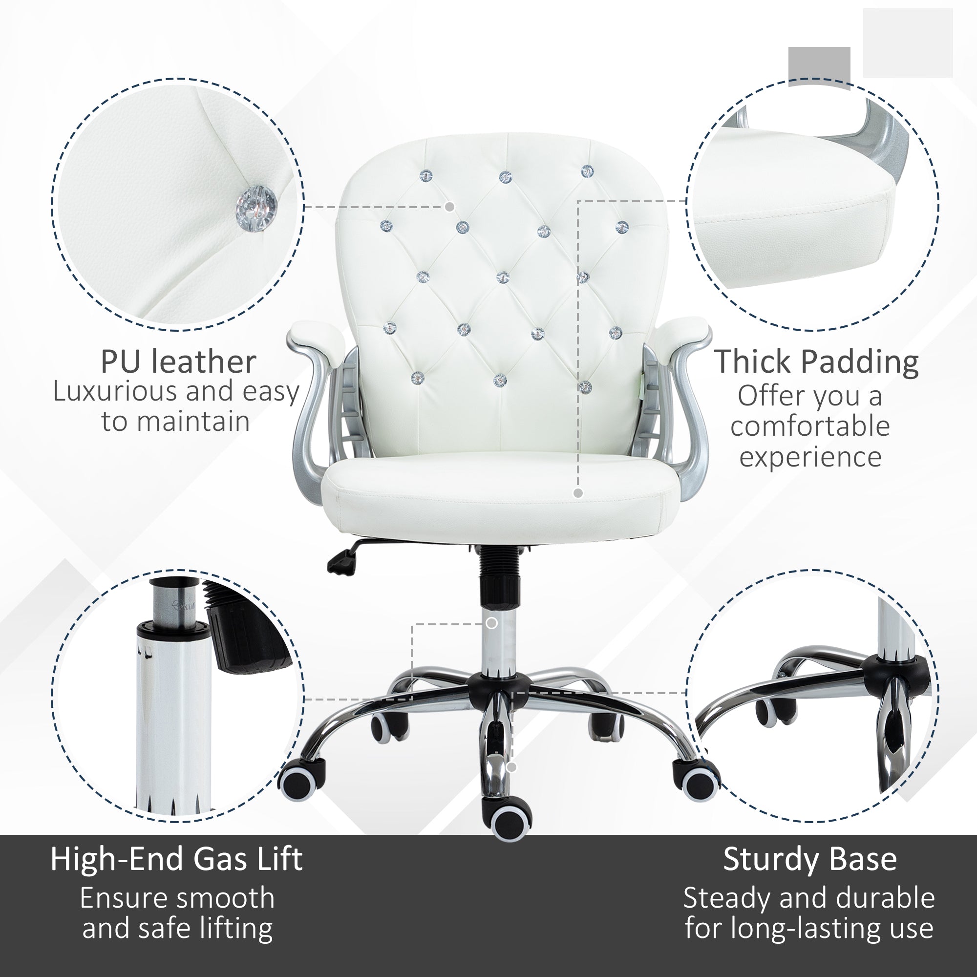 Vinsetto Office Chair Ergonomic 360° Swivel PU Diamante Padded Base 5 Castor Wheels for Home Work White - North Peak Garden Furniture