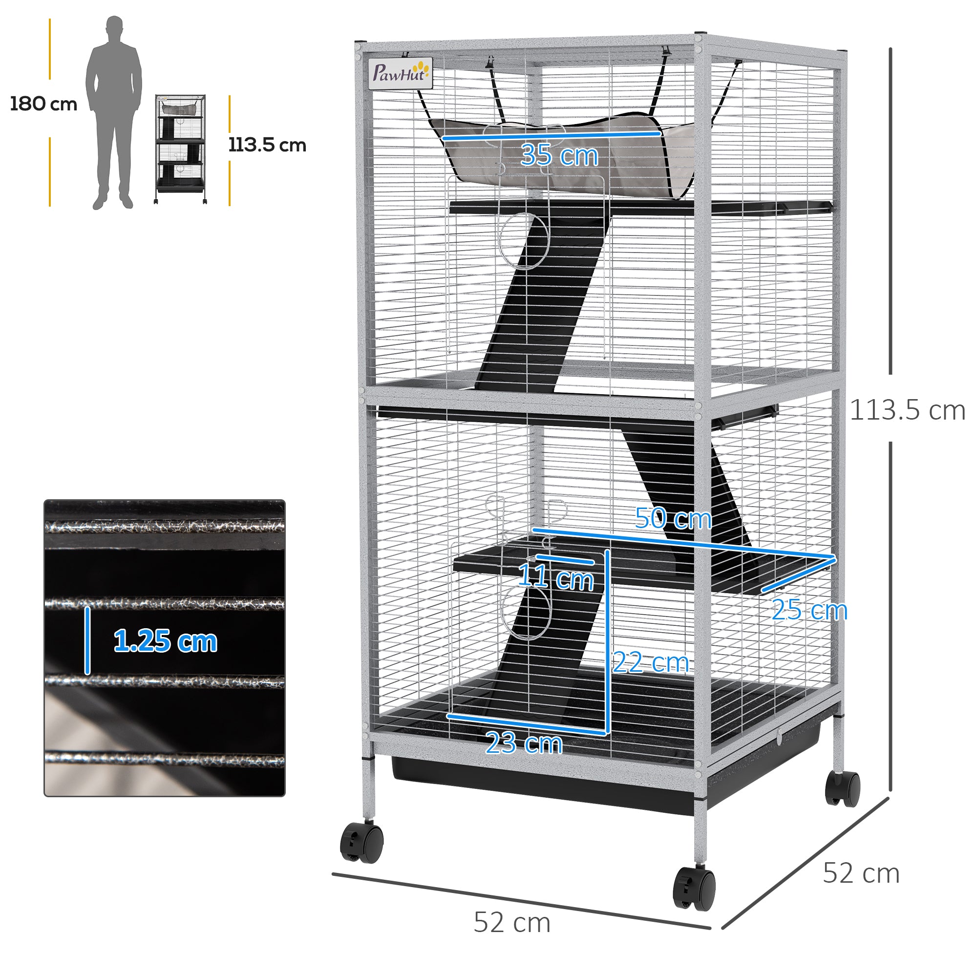 PawHut Small Animal Cage Pet Play House with Wheels Platforms Light Grey - North Peak Garden Furniture