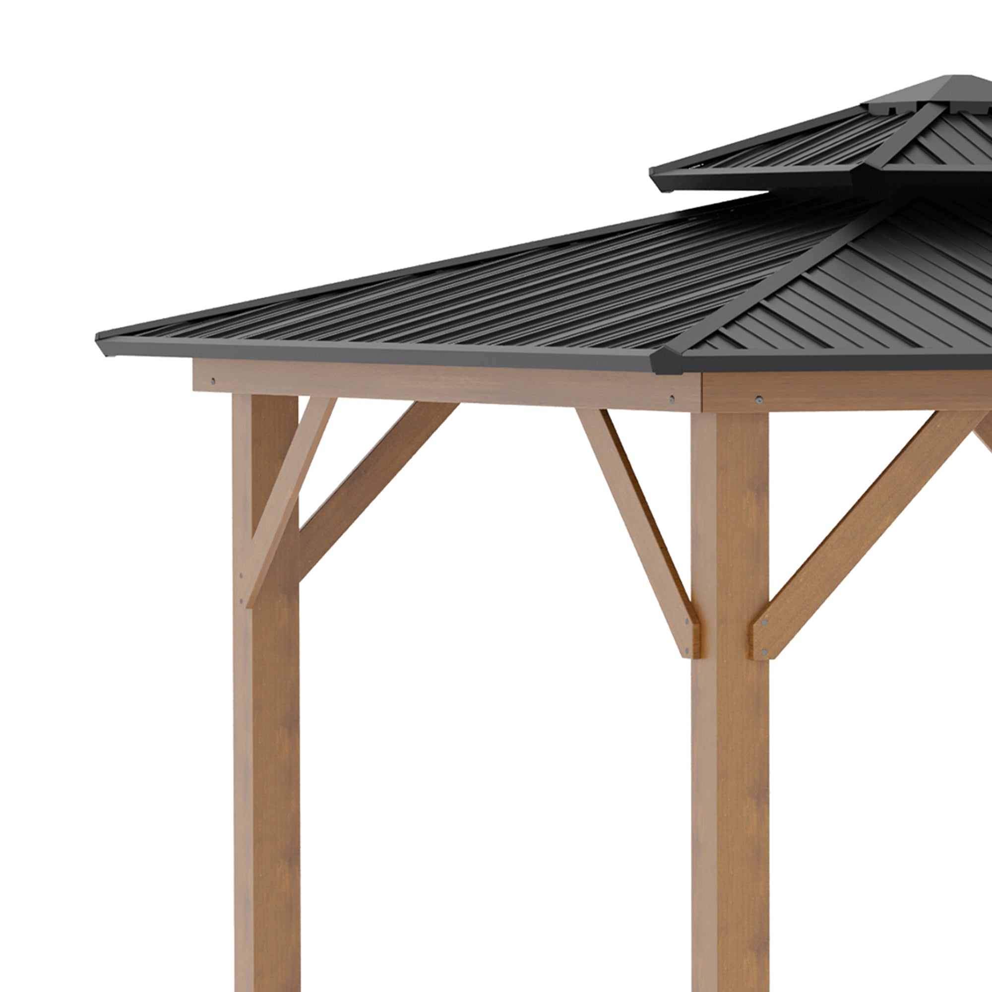 Outsunny 3.5 x 3.5m Outdoor Hardtop Gazebo Canopy with Two-tier Metal Roof and Solid Wood Frame Outdoor Patio Shelter for Patio, Garden, Grey - North Peak Garden Furniture