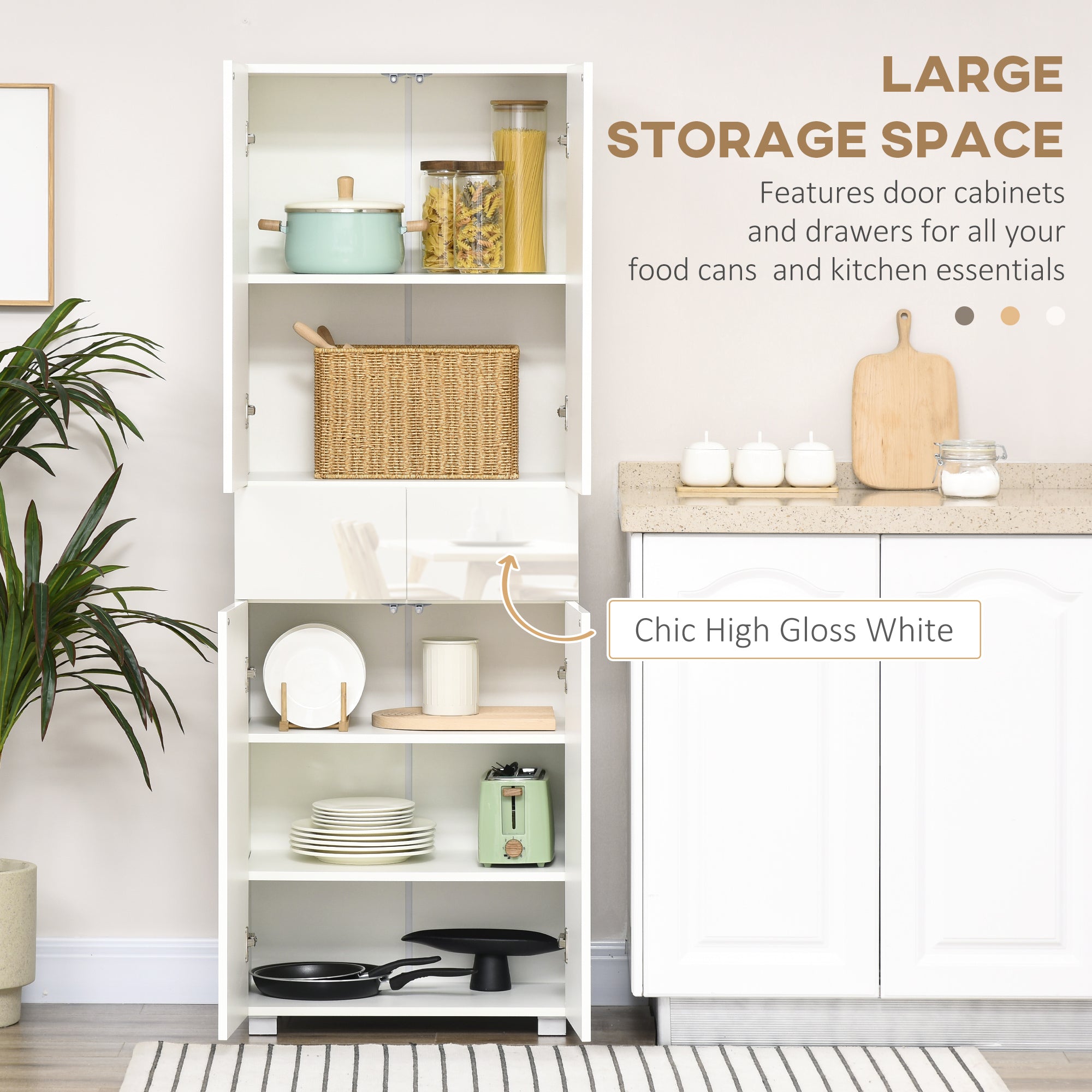 HOMCOM 4-Door Kitchen Cupboard, Freestanding 5-Tier Storage Cabinet with 3 Adjustable Shelves, 2 Drawers for Living Room, Dining Room, Push to Open Design, High Gloss White - North Peak Garden Furniture