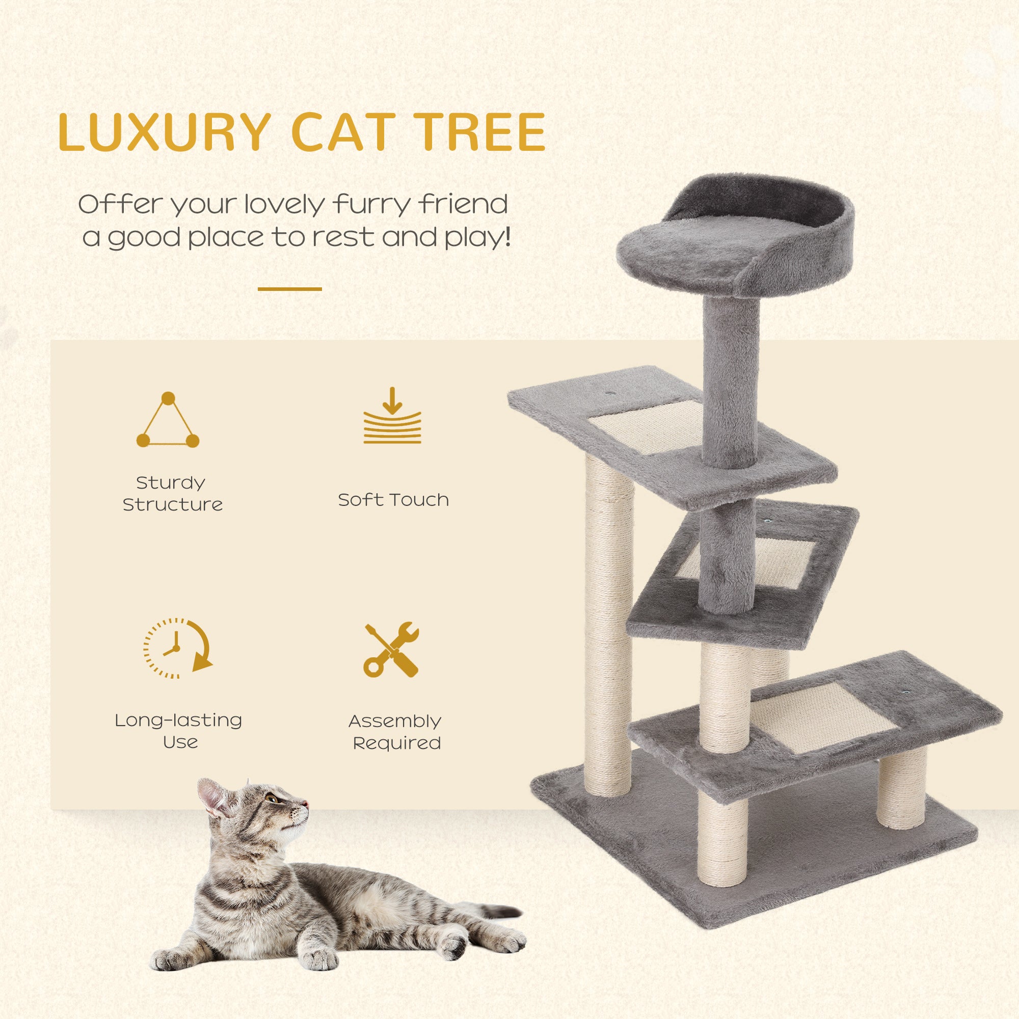 PawHut 100 cm Cat Tree for Indoor Cats Kitten Scratch Scratching Post Climbing Tower Activity Centre Grey - North Peak Garden Furniture