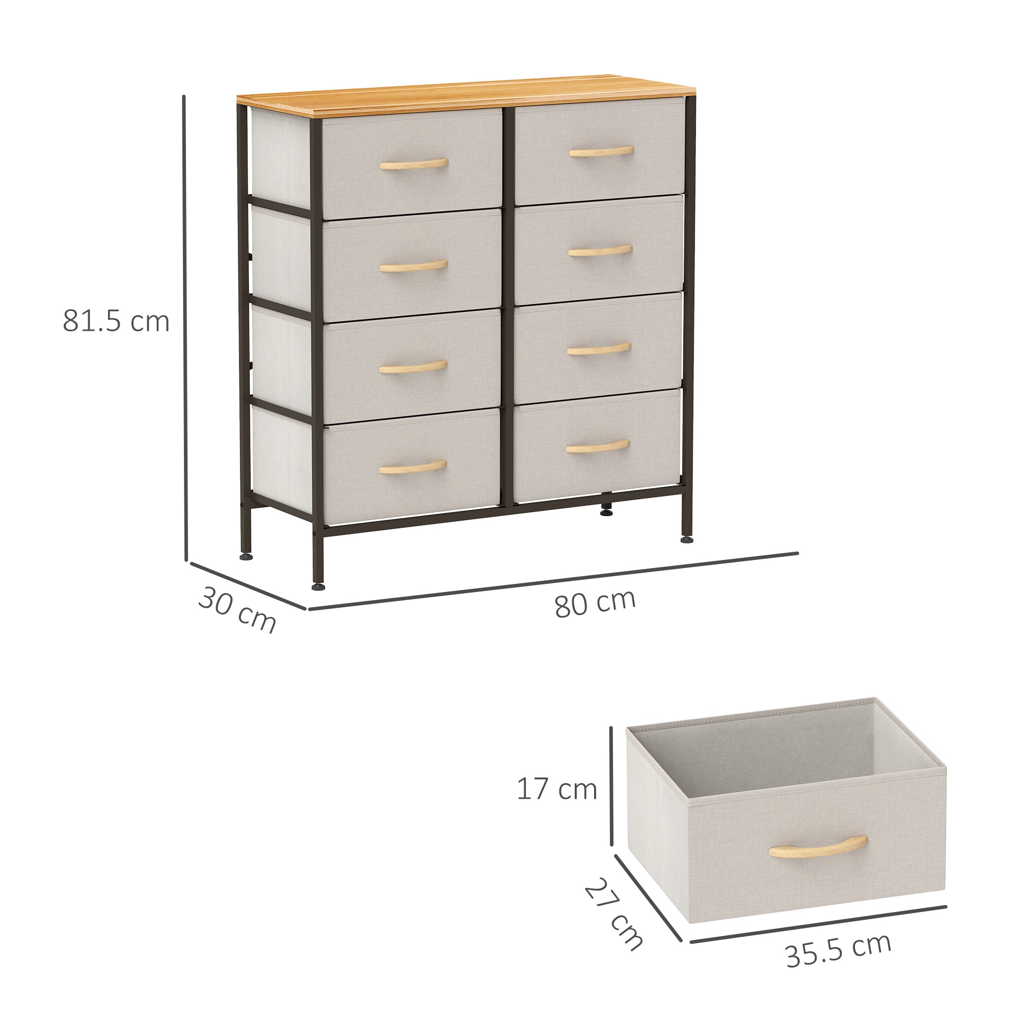 HOMCOM Fabric Chest of Drawers, Storage Drawers, Industrial Bedroom Dresser with 8 Fabric Drawers, Steel Frame and Wooden Top for Nursery, Living Room, Hallway, Cream White - North Peak Garden Furniture