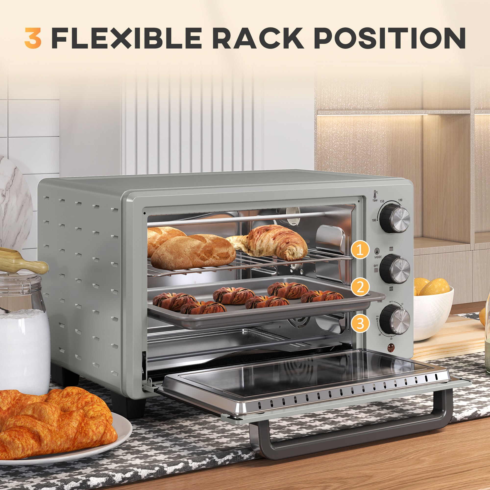 HOMCOM 21L Mini Countertop Oven, 100°C-230°C Adjustable Temp - Silver Tone - North Peak Garden Furniture