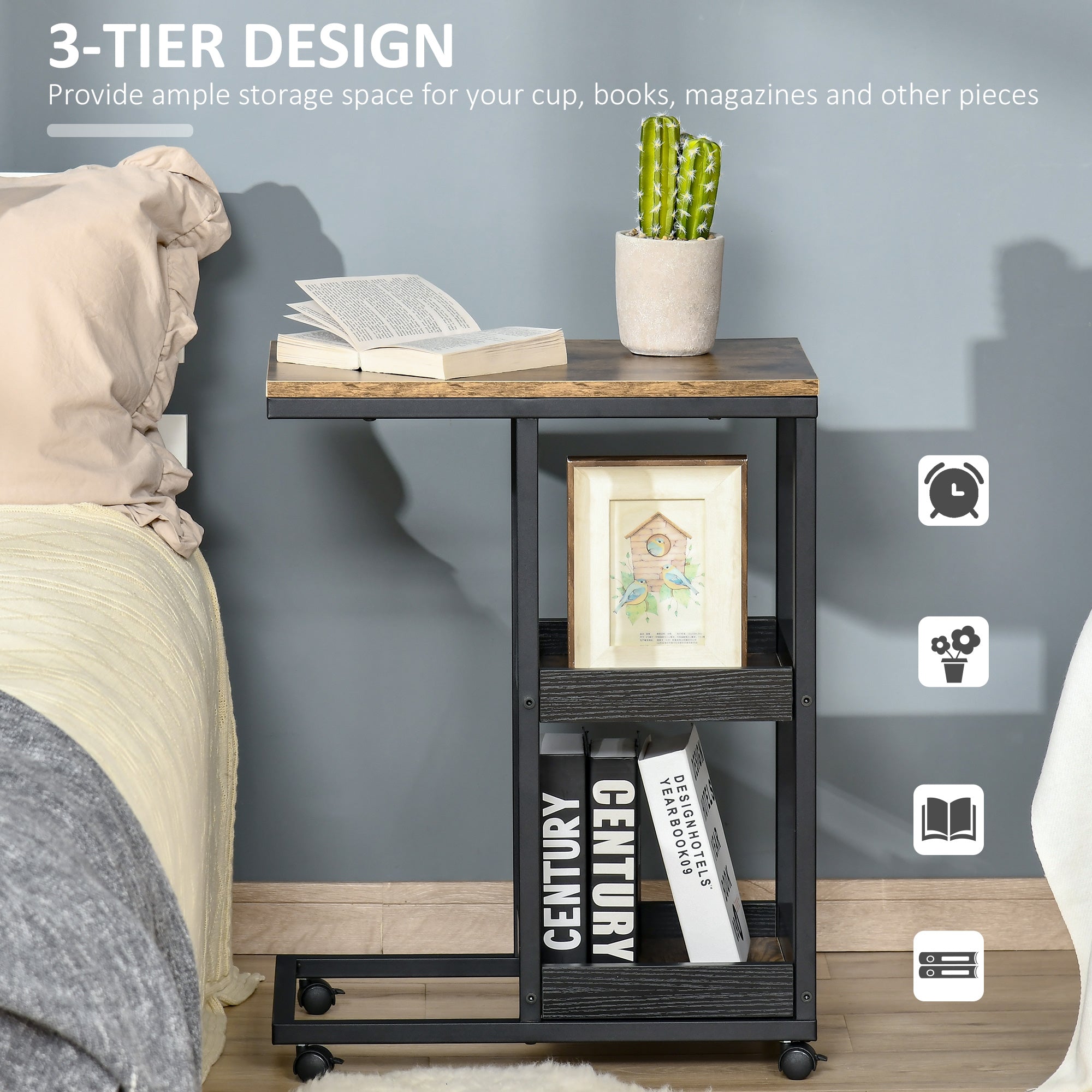 HOMCOM Industrial Mobile Sofa Side Table C-Shaped Rolling Couch Table with 3-Tier Storage Shelving Four Lockable Wheels Steel Frame - Brown - North Peak Garden Furniture