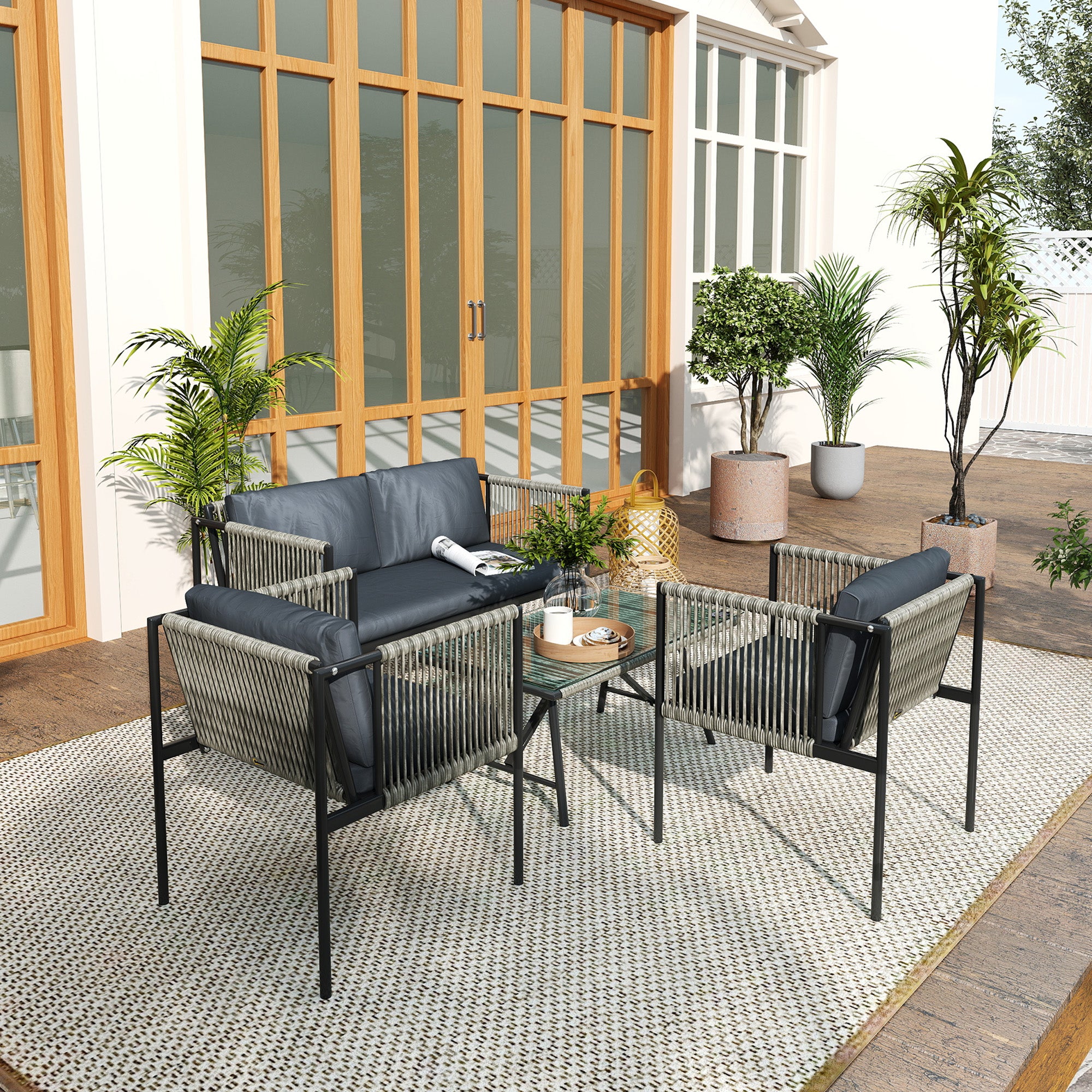Outsunny 4 Piece Rattan Garden Furniture Set, 4 Seater Wicker Outdoor Furniture Set with 2 Armchairs, Loveseat, Glass Top Coffee Table and Cushions for Balcony, Porch, Grey - North Peak Garden Furniture