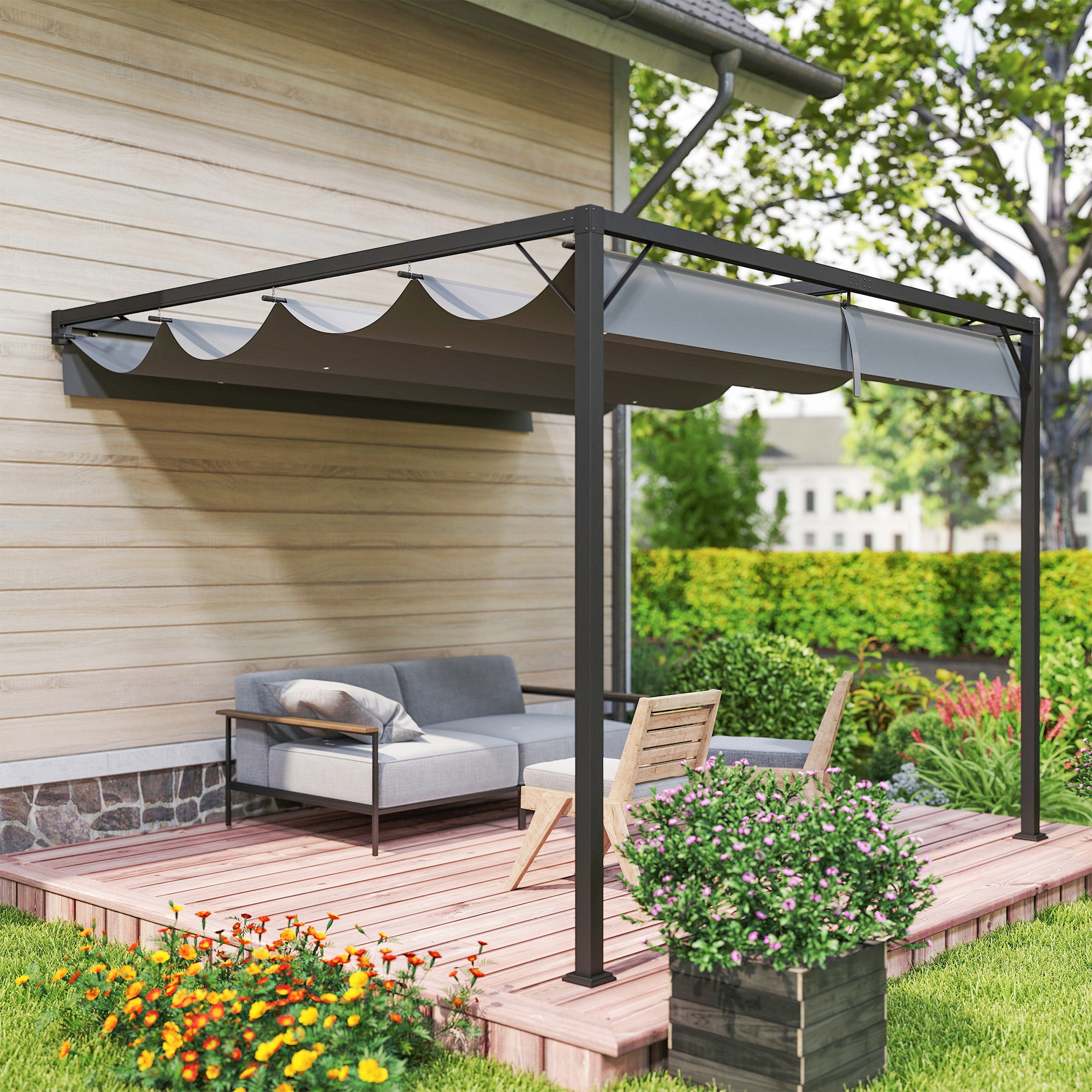 Outsunny 3 x 3(m) Outdoor Pergola with Retractable Canopy - Grey - North Peak Garden Furniture
