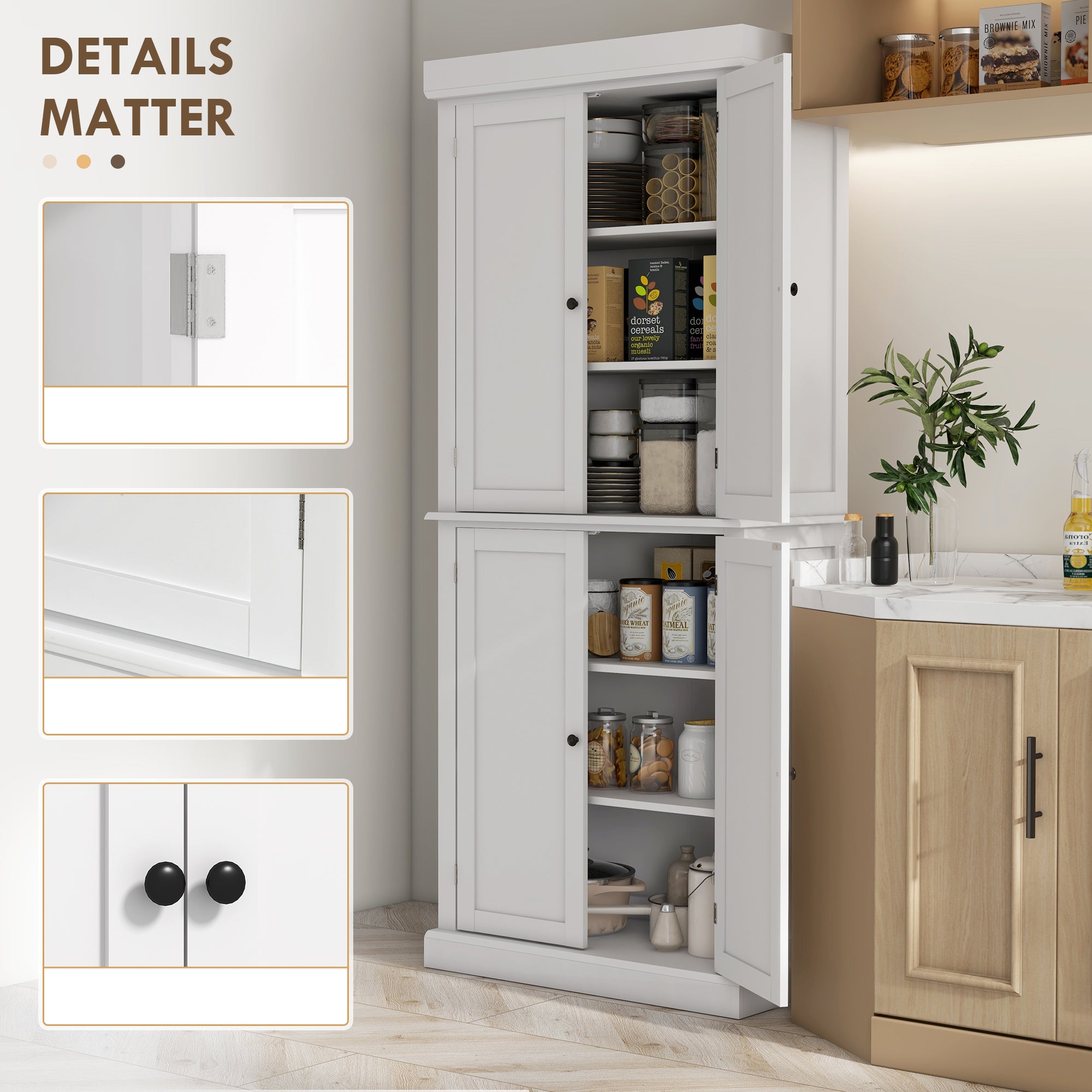 HOMCOM Freestanding Kitchen Cupboard with 4 Doors, Storage Cabinet with 6-Tier Shelving and 4 Adjustable Shelves, White - North Peak Garden Furniture