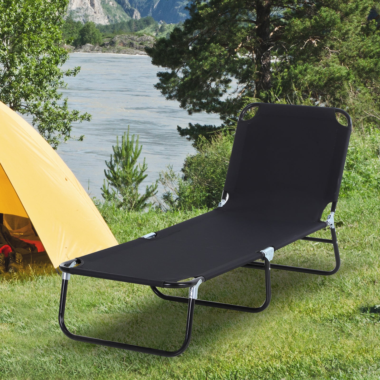 Outsunny Foldable Sun Lounger with 5-Position Adjustable Backrest, Outdoor Portable Recliner Chaise Lounge Chair with Breathable Mesh Fabric, Black - North Peak Garden Furniture