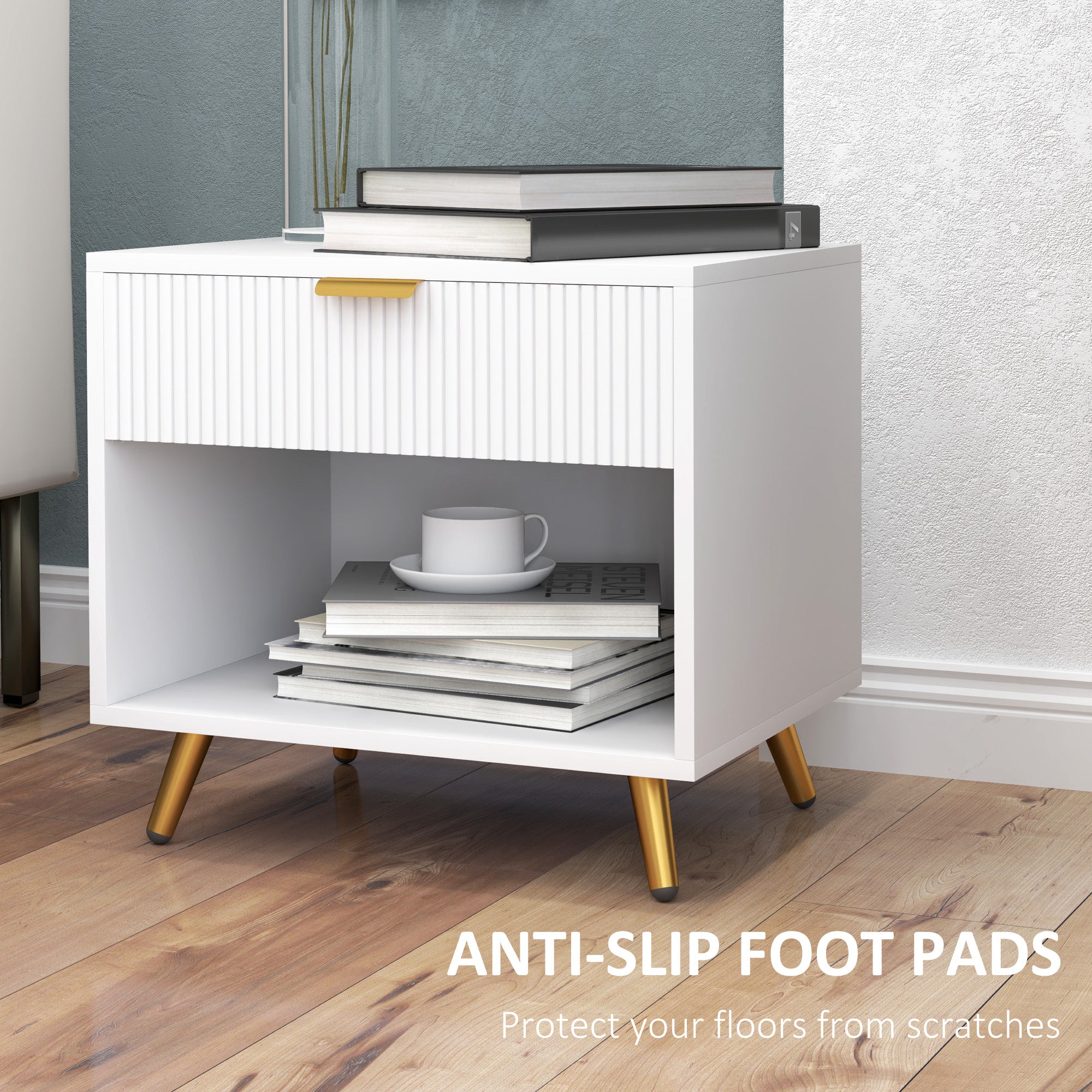HOMCOM Elegant Bedside Table, with Drawer and Shelf - White/Gold Tone - North Peak Garden Furniture