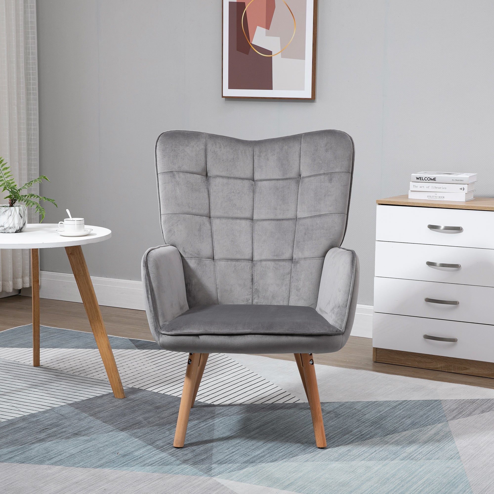 HOMCOM Modern Accent Chair Velvet-Touch Tufted Wingback Armchair Upholstered Leisure Lounge Sofa Club Chair with Wood Legs, Grey