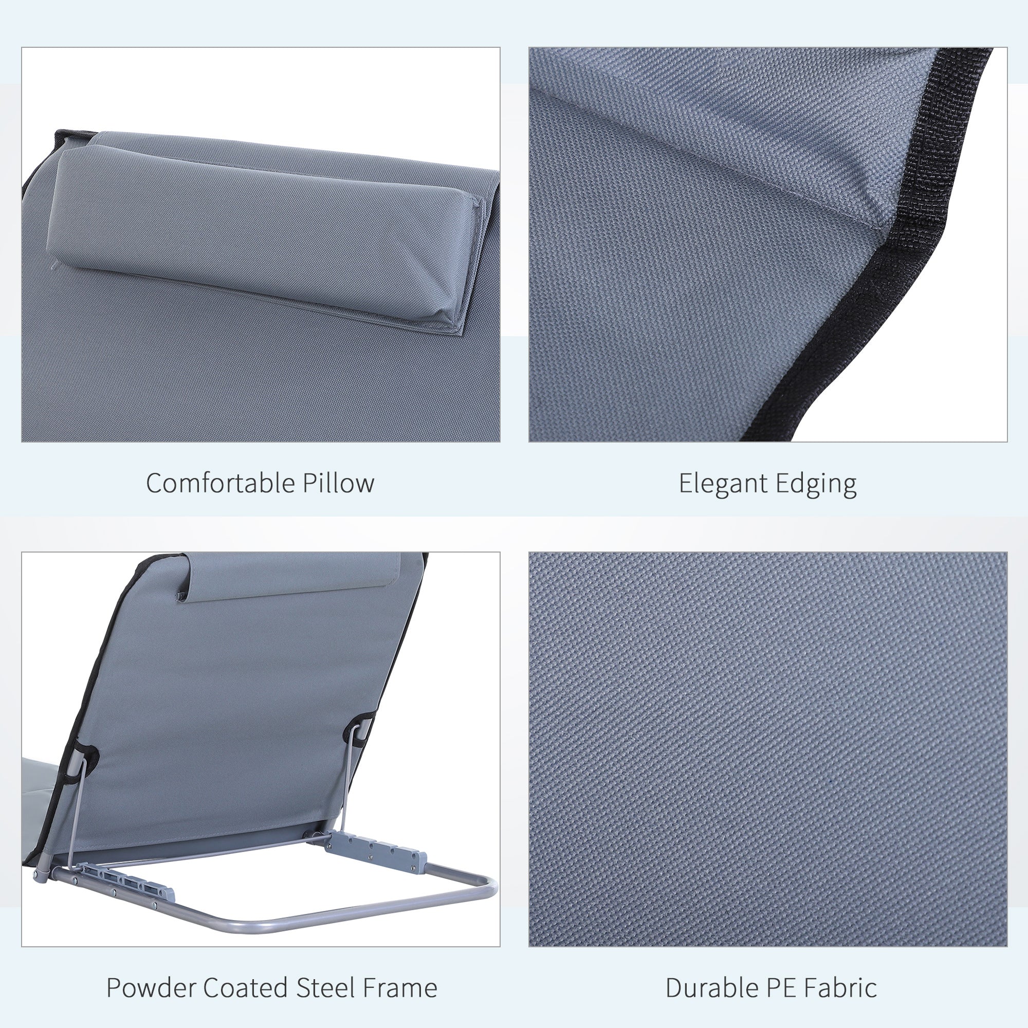 Outsunny Set of 2 Foldable Garden Beach Chair Mat Lightweight Outdoor Sun Lounger Seats Adjustable Back Metal Frame PE Fabric Head Pillow w/ Carry Bag,Grey - North Peak Garden Furniture