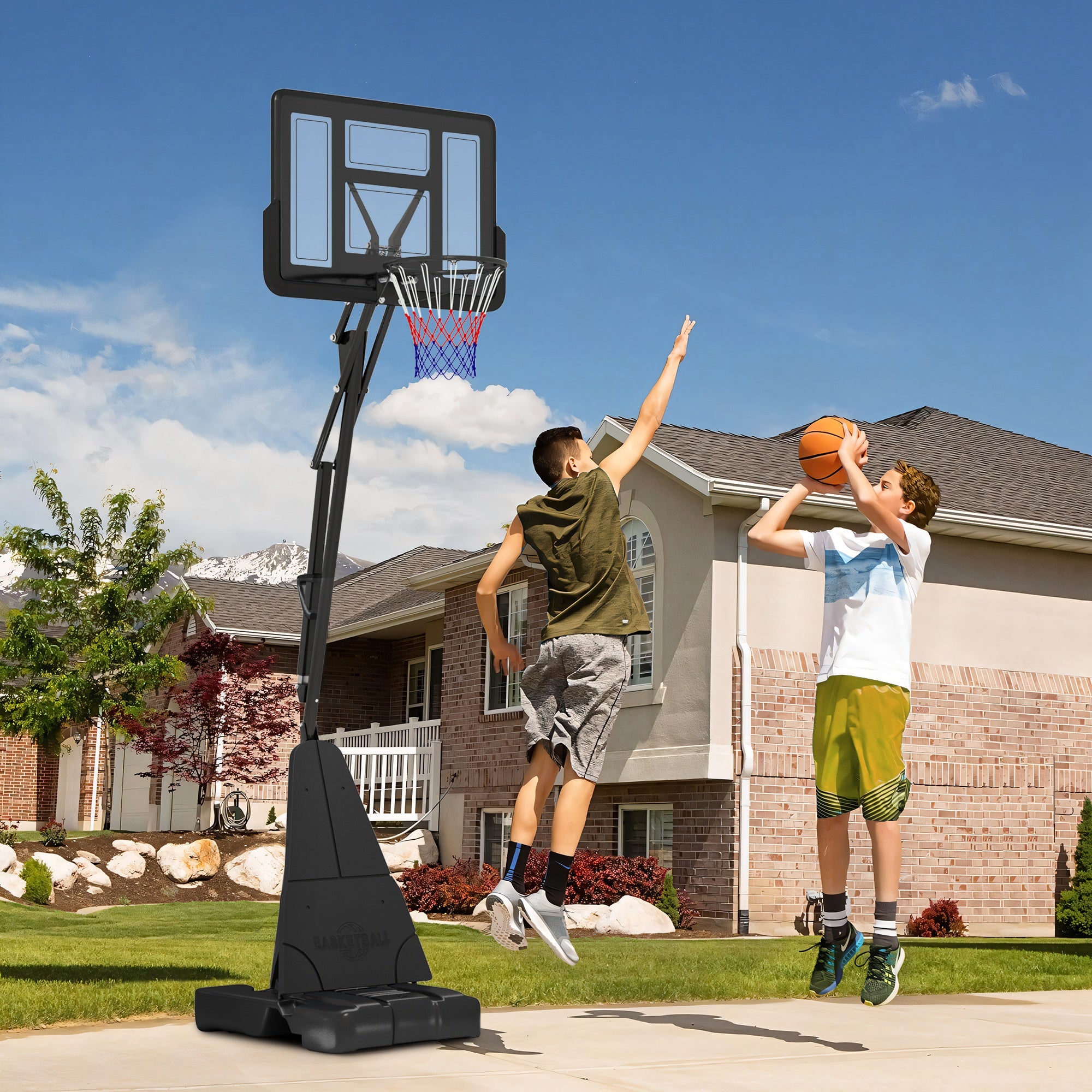 SPORTNOW Basketball Hoop Outdoor, Height Adjustable Basketball Hoop and Stand with Rebound System, Weighted Base, Portable on Wheels, 2.45-3.05m, for Teens, Juniors, Adults, Black