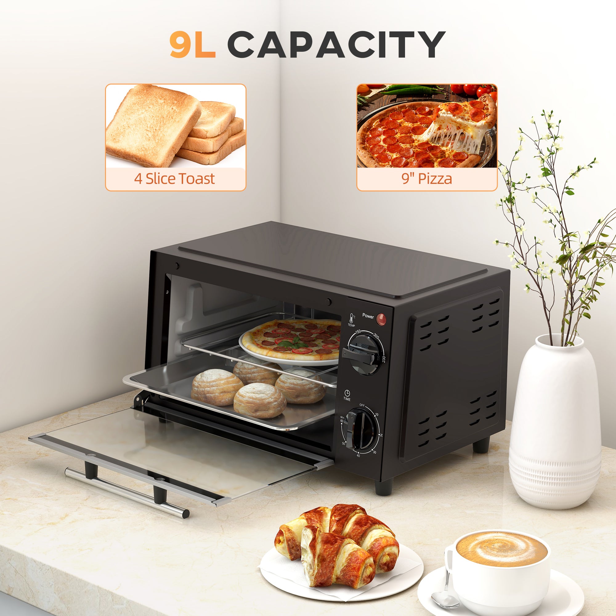 HOMCOM Mini Oven, 9L Countertop Electric Grill, Toaster Oven with Adjustable Temperature, Timer, Dishwasher Safe Baking Tray and Wire Rack, 750W, Black - North Peak Garden Furniture