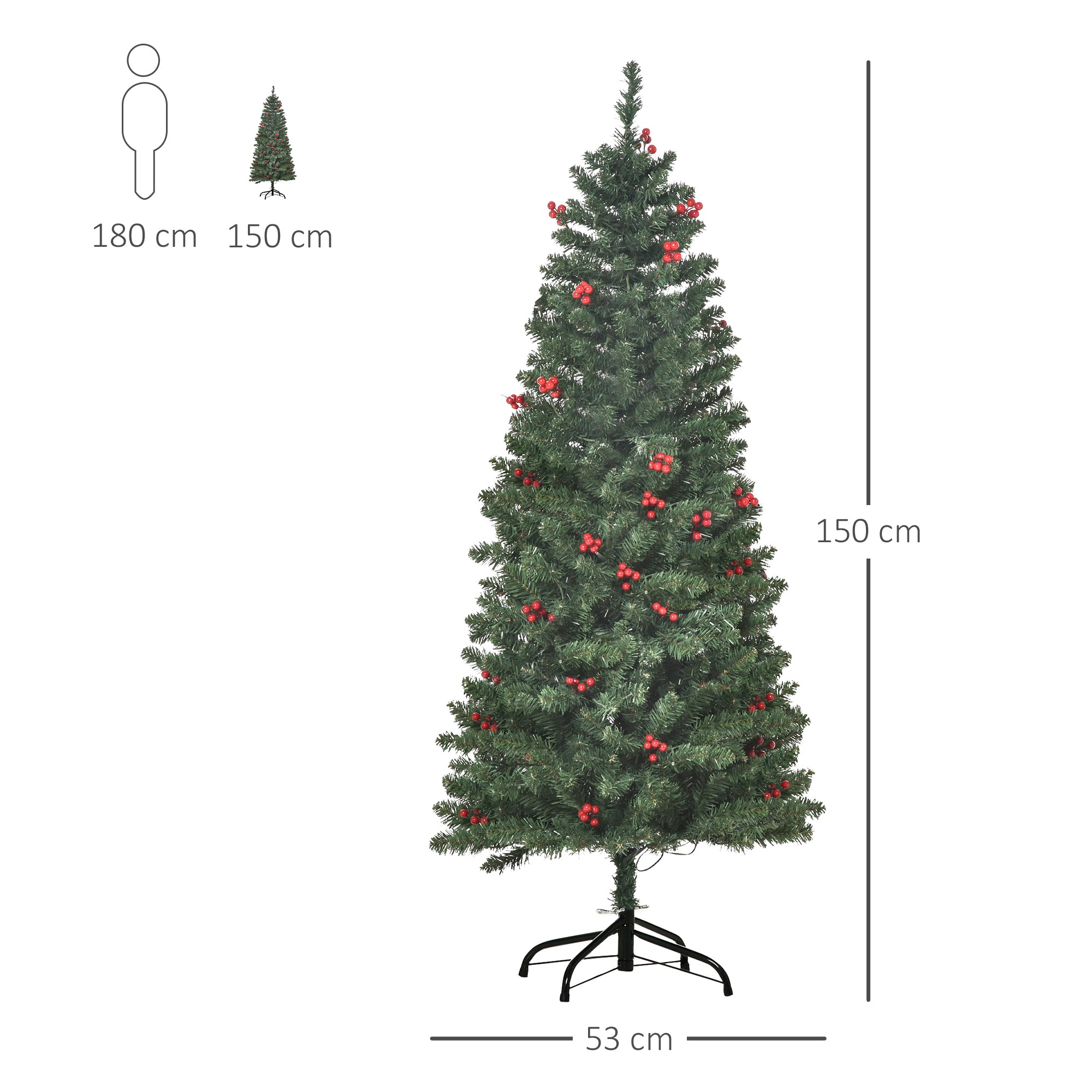 HOMCOM 5FT Prelit Artificial Pencil Christmas Tree with Warm White LED Light, Red Berry, Holiday Home Xmas Decoration, Green - North Peak Garden Furniture