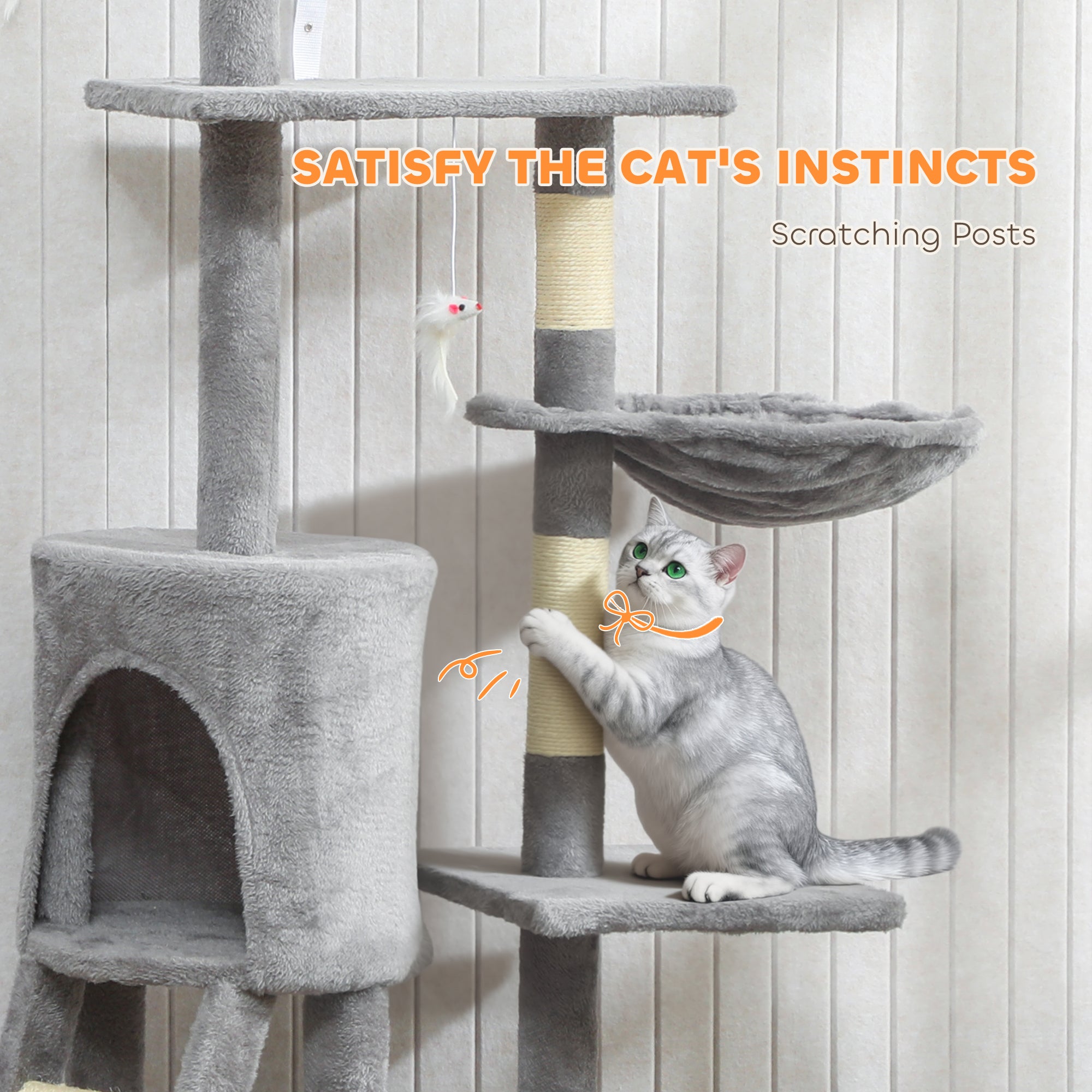 PawHut Multi-Level Cat Tower, 134cm Cat Tree with Condo and Sisal Scratching Posts for Indoor Kittens, Grey
