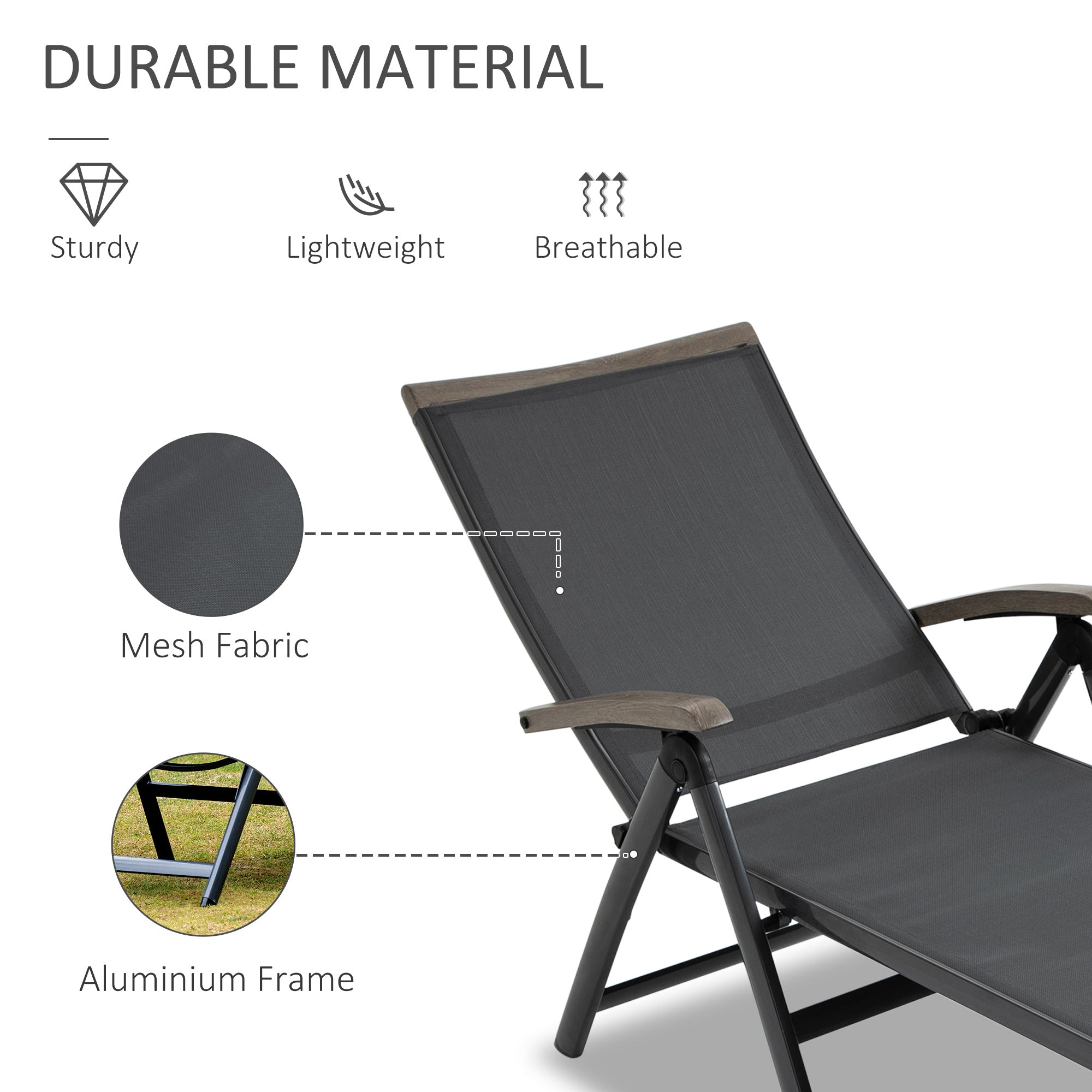 Outsunny Outdoor Folding Sun Lounger, 5-Position Adjustable Chaise Lounge Chair with Aluminium Frame for Patio, Pool and Garden, Grey - North Peak Garden Furniture