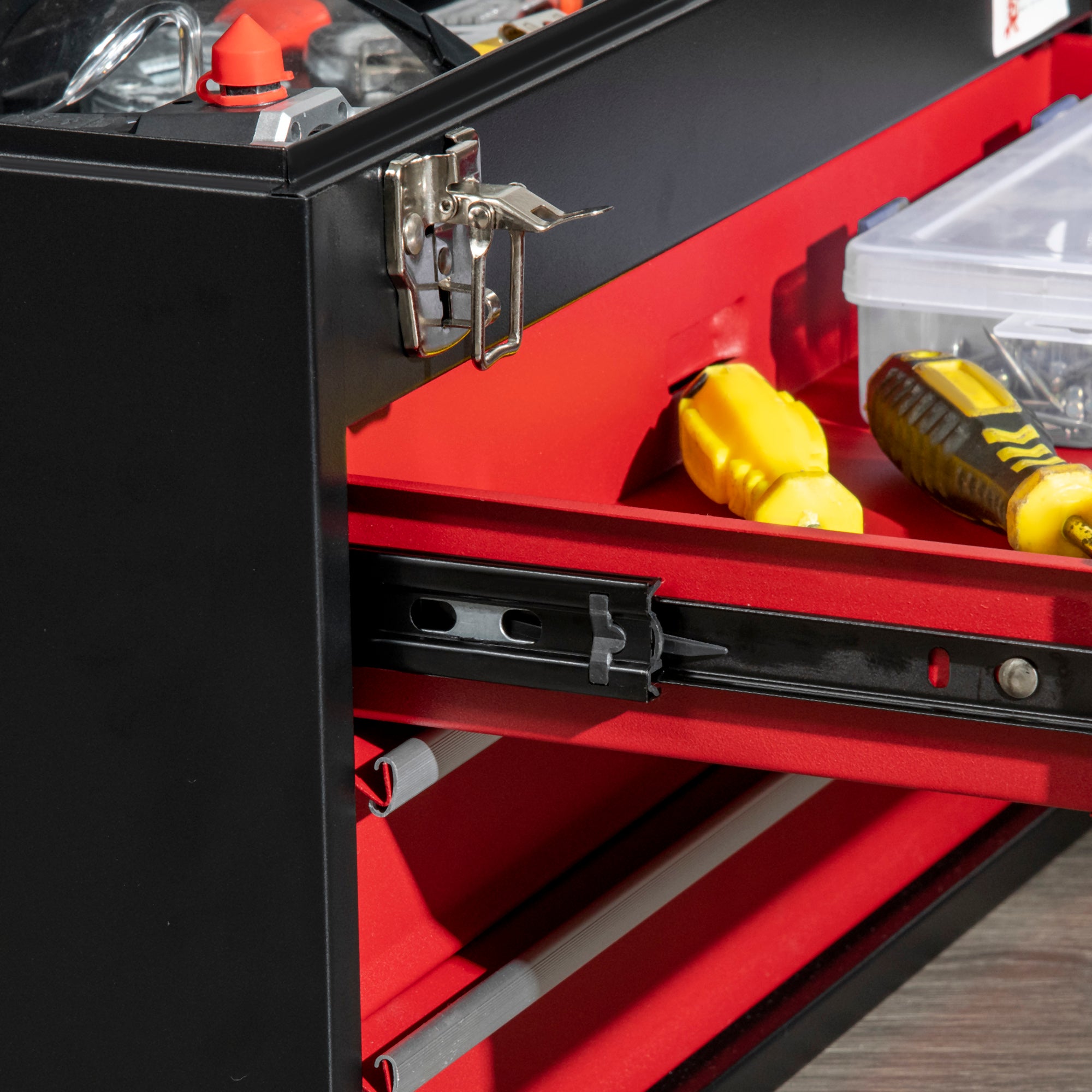 DURHAND 3 Drawer Tool Chest, Lockable Metal Tool Box with Ball Bearing Runners, Portable Toolbox, 510mm x 220mm x 320mm, Black - North Peak Garden Furniture