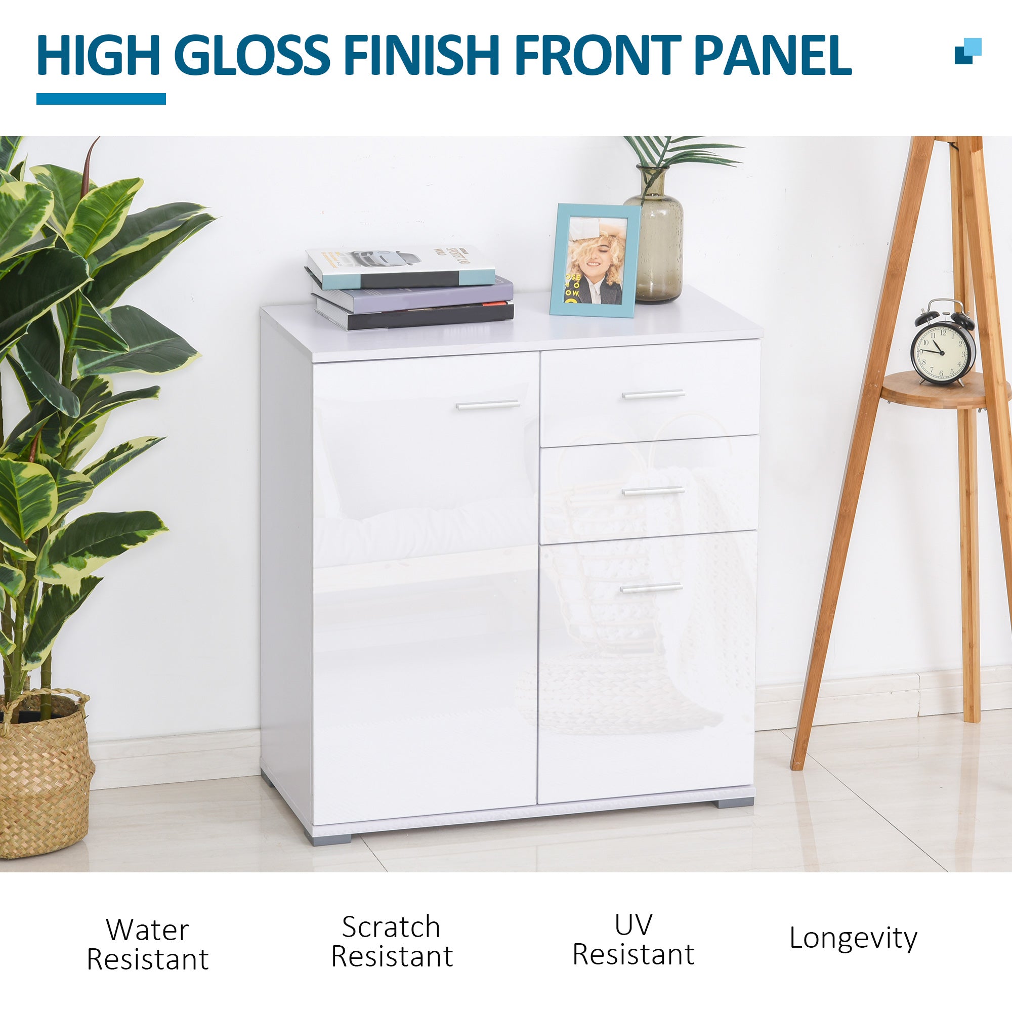 HOMCOM Modern High Gloss Sideboard Storage Cabinet Table Chest of Drawers for Bedroom Living Room Storage Furniture, White - North Peak Garden Furniture