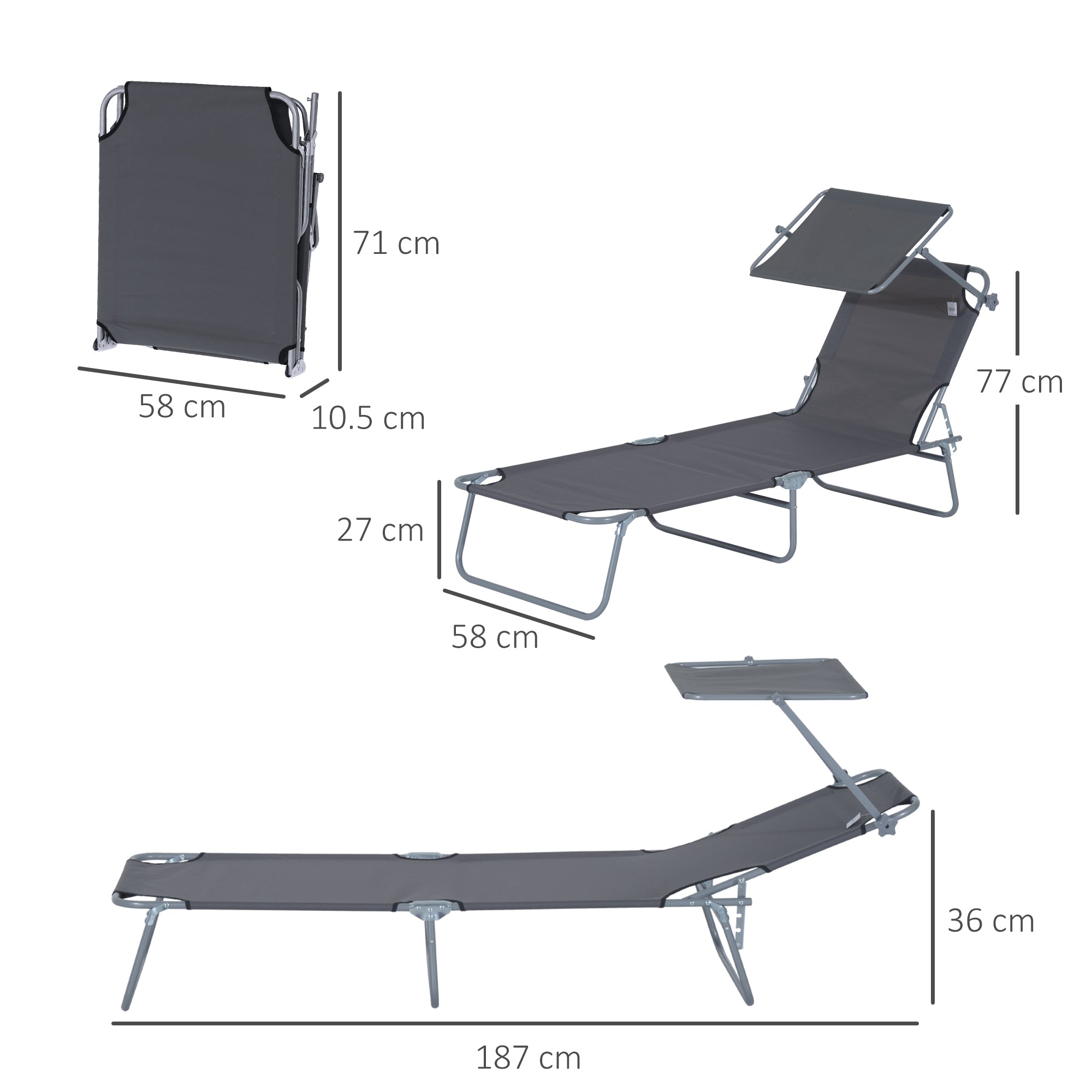 Outsunny 2 Pieces Outdoor Foldable Sun Lounger, 4 Level Adjustable Backrest Reclining Sun Lounger Chair with Angle Adjust Sun Shade Awning for Beach, Garden, Patio, Dark Grey - North Peak Garden Furniture