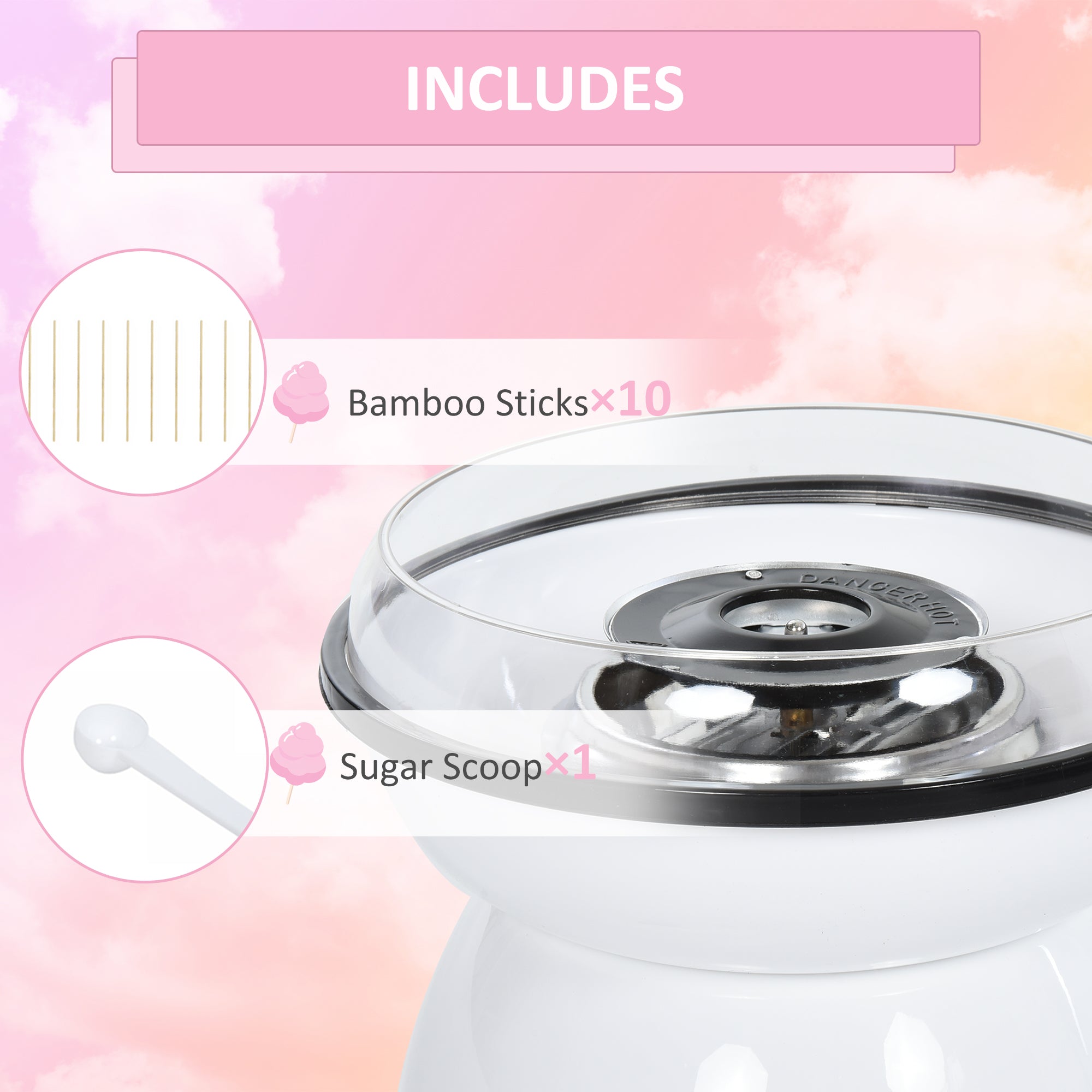 HOMCOM 450W Electric Candyfloss Machine Kit Non-Stick Plates Fairground Fun Children Adult Party Gift Home Sweet Metal Body w/ Accessories White - North Peak Garden Furniture