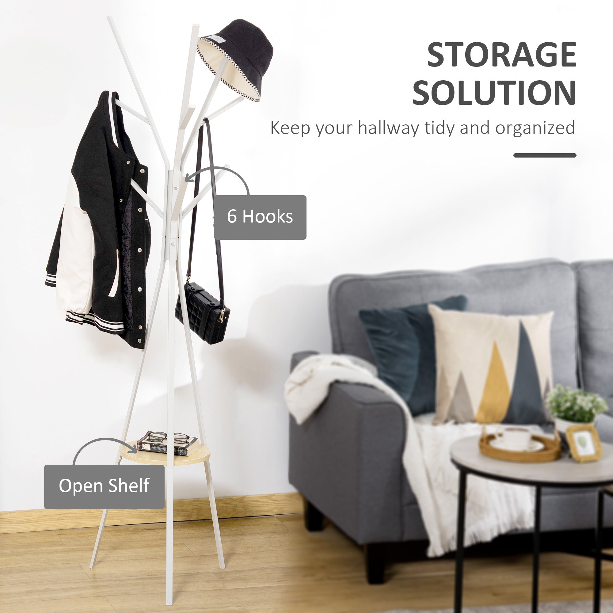 HOMCOM Freestanding Metal Coat Rack Stand 9 Hooks Clothes Tree with 1 Shelf Hat Display Hall Tree Hanger Bag Umbrella Hanging Organiser White - North Peak Garden Furniture