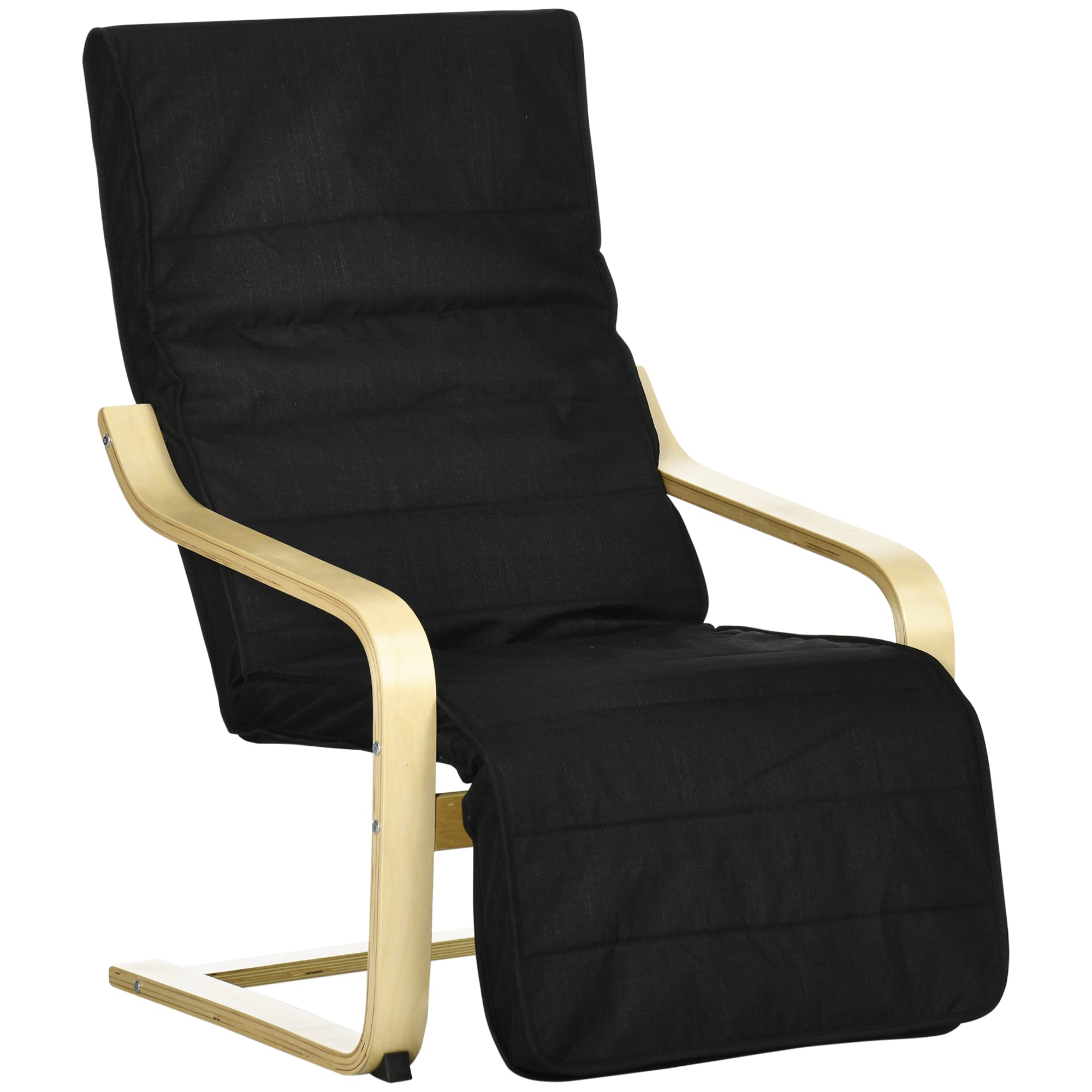 HOMCOM Wooden Lounging Chair Deck Relaxing Recliner Lounge Seat with Adjustable Footrest & Removable Cushion Cover, Black - North Peak Garden Furniture