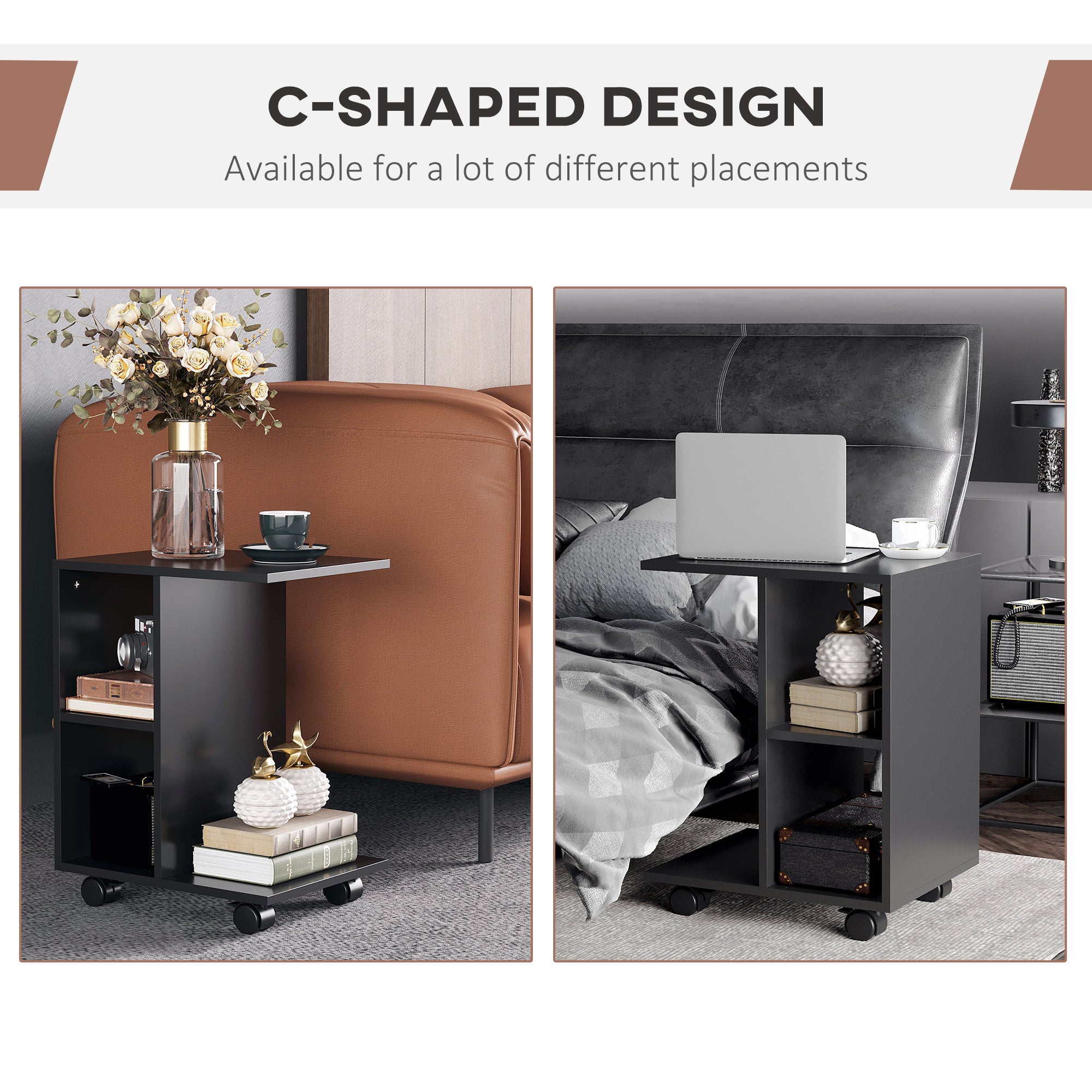 HOMCOM C-Shape End Table Unique Storage Unit w/ 2 Shelves 4 Wheels Freestanding Home Furniture Cabinet Square Black - North Peak Garden Furniture