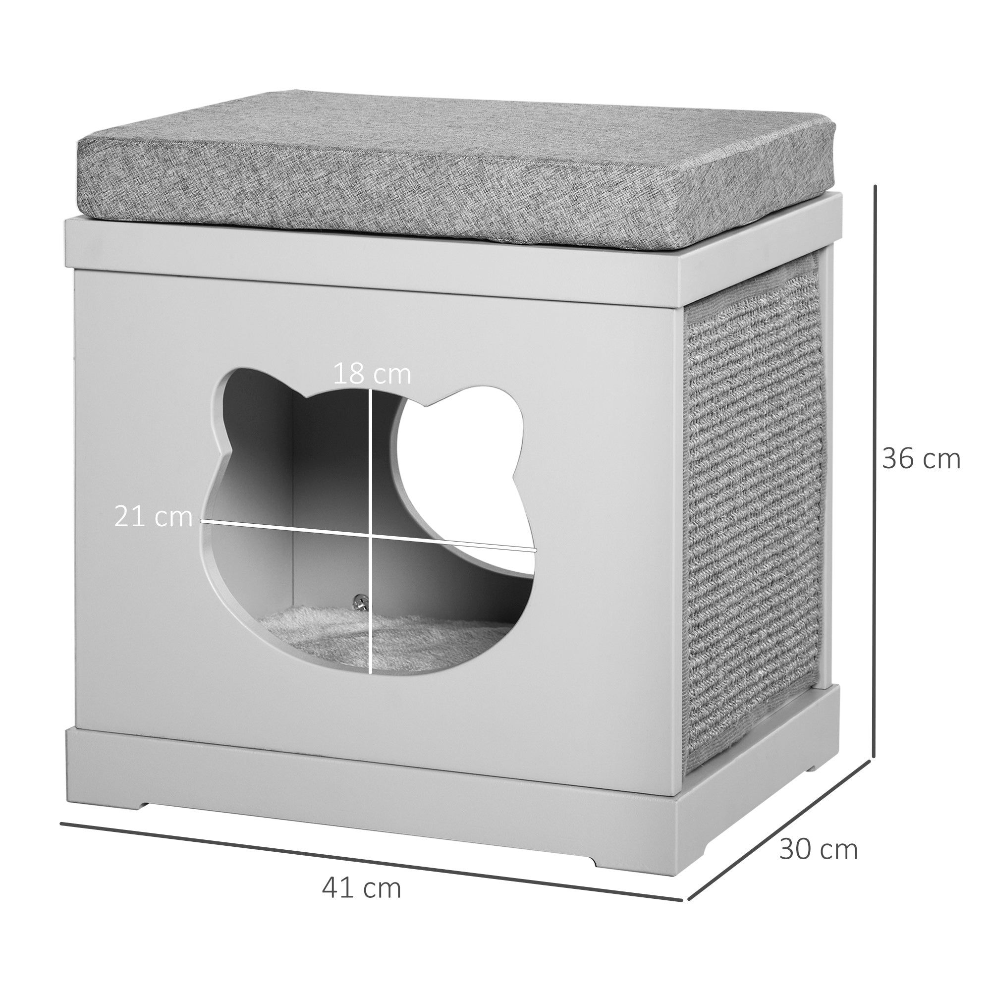 PawHut Cat House Bed Kitten Cave Cube Indoor for Small Pet with Removable Sisal Scratching Pads Soft Cushions, 41x30x36 cm, Grey - North Peak Garden Furniture