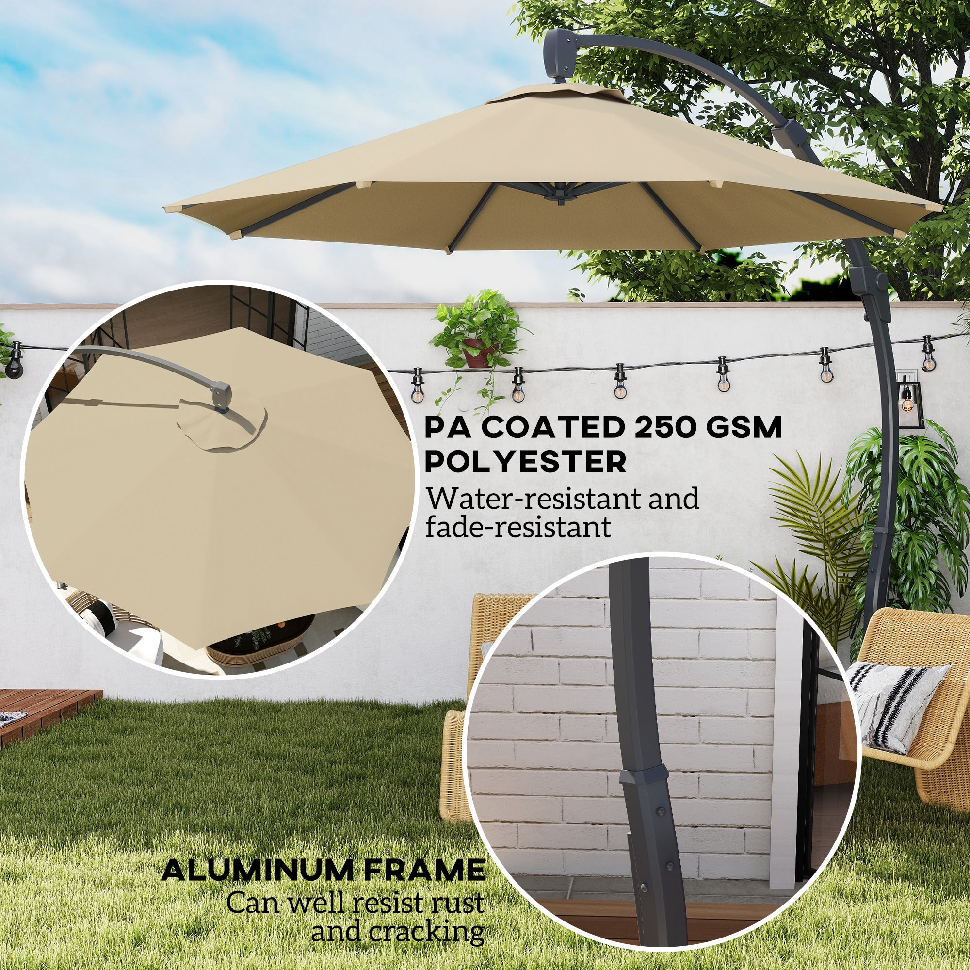 Outsunny 3(m) Garden Cantilever Parasol, Round Overhanging Umbrella with Crank Handle, Cross Base, Aluminium Frame and 360° Rotation, Banana Patio Umbrella for Outdoor Sun Shade, Khaki - North Peak Garden Furniture