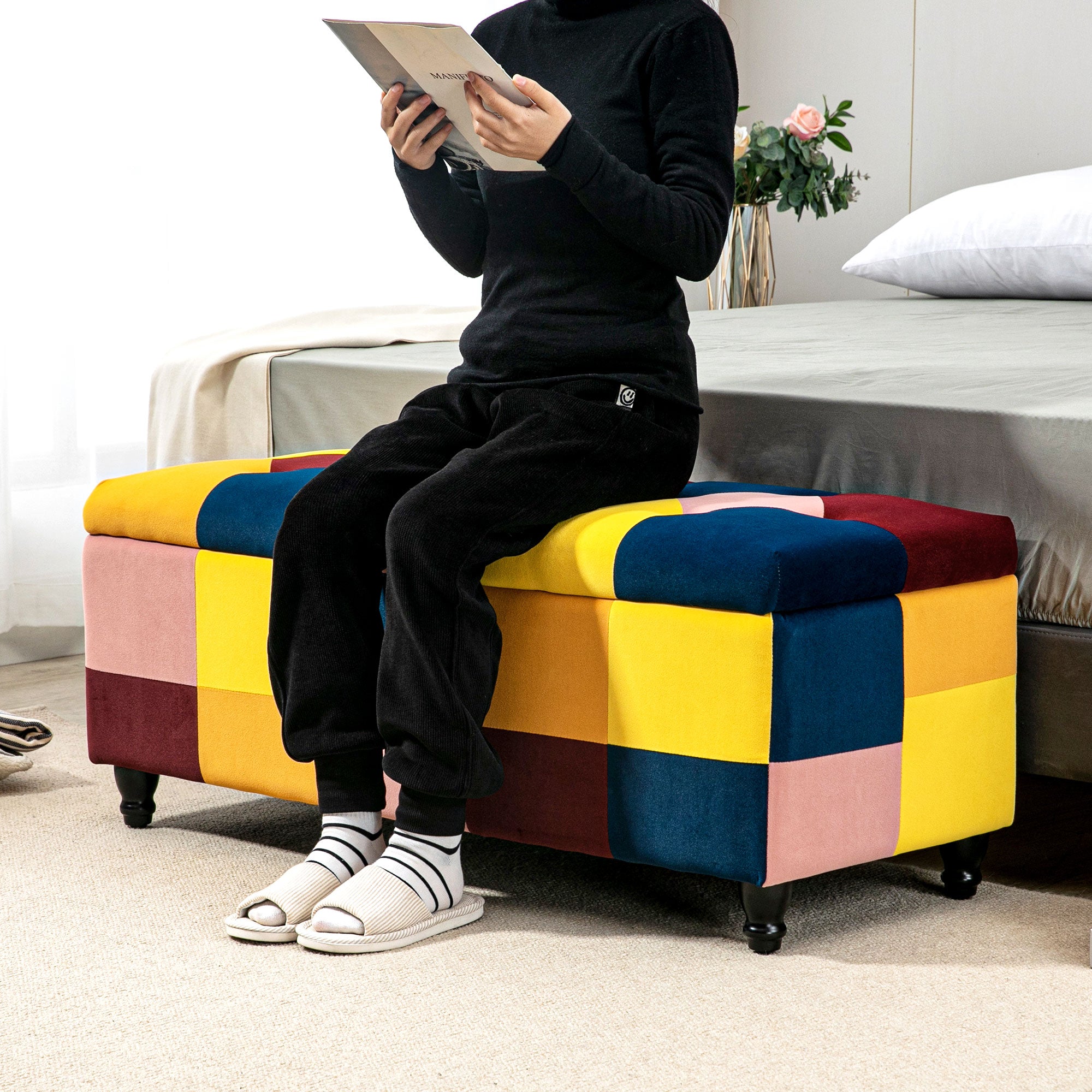 HOMCOM 114 x 47 x 47cm Velvet Storage Ottoman, Button-tufted Footstool Box, Toy Chest with Lid for Living Room, Bedroom, Multicoloured - North Peak Garden Furniture