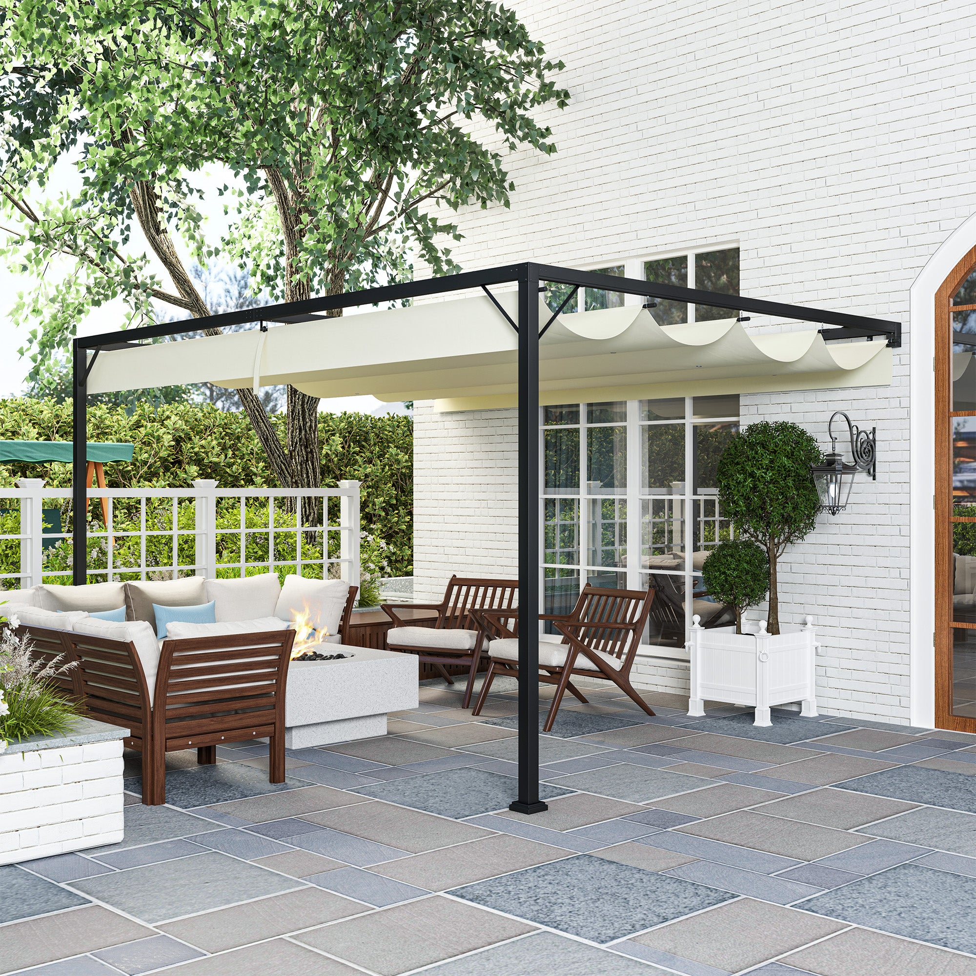 Outsunny 4 x 3(m) Outdoor Pergola Retractable Canopy Wall Mounted Gazebo Patio Shelter Sun Shade, Cream White - North Peak Garden Furniture
