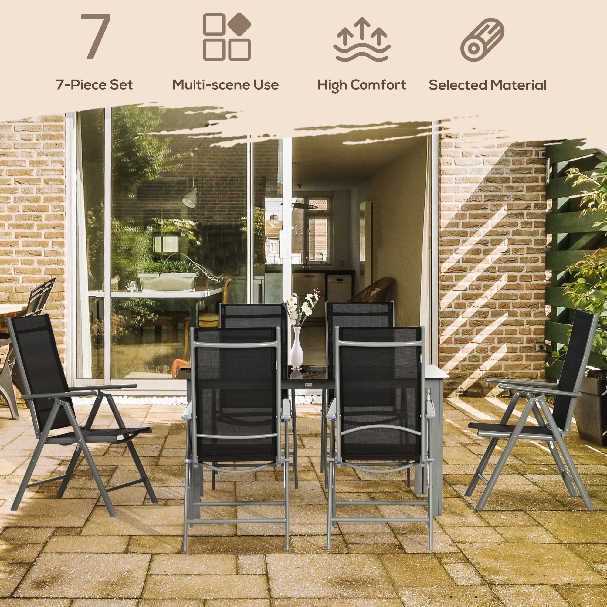 Outsunny 7 Piece Garden Dining Set, Outdoor Table and 6 Folding and Reclining Chairs, Aluminium Frame, Tempered Glass Top Table, Texteline Seats, Black - North Peak Garden Furniture