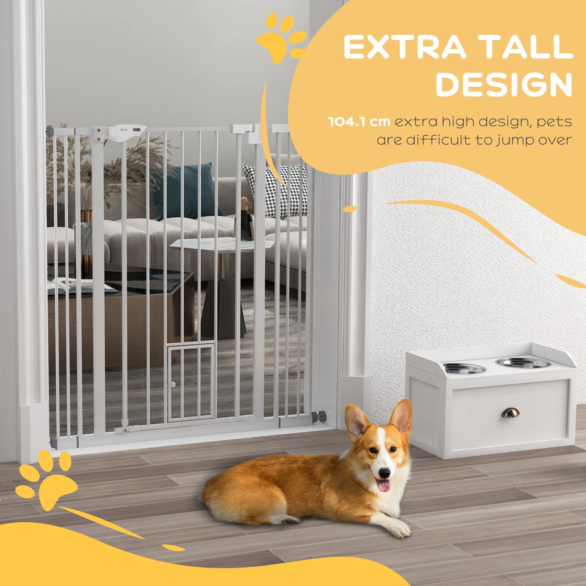 PawHut Extra Tall Pet Gate, Indoor Dog Safety Gate, with Cat Flap, Auto Close, 74-101cm Wide - White - North Peak Garden Furniture