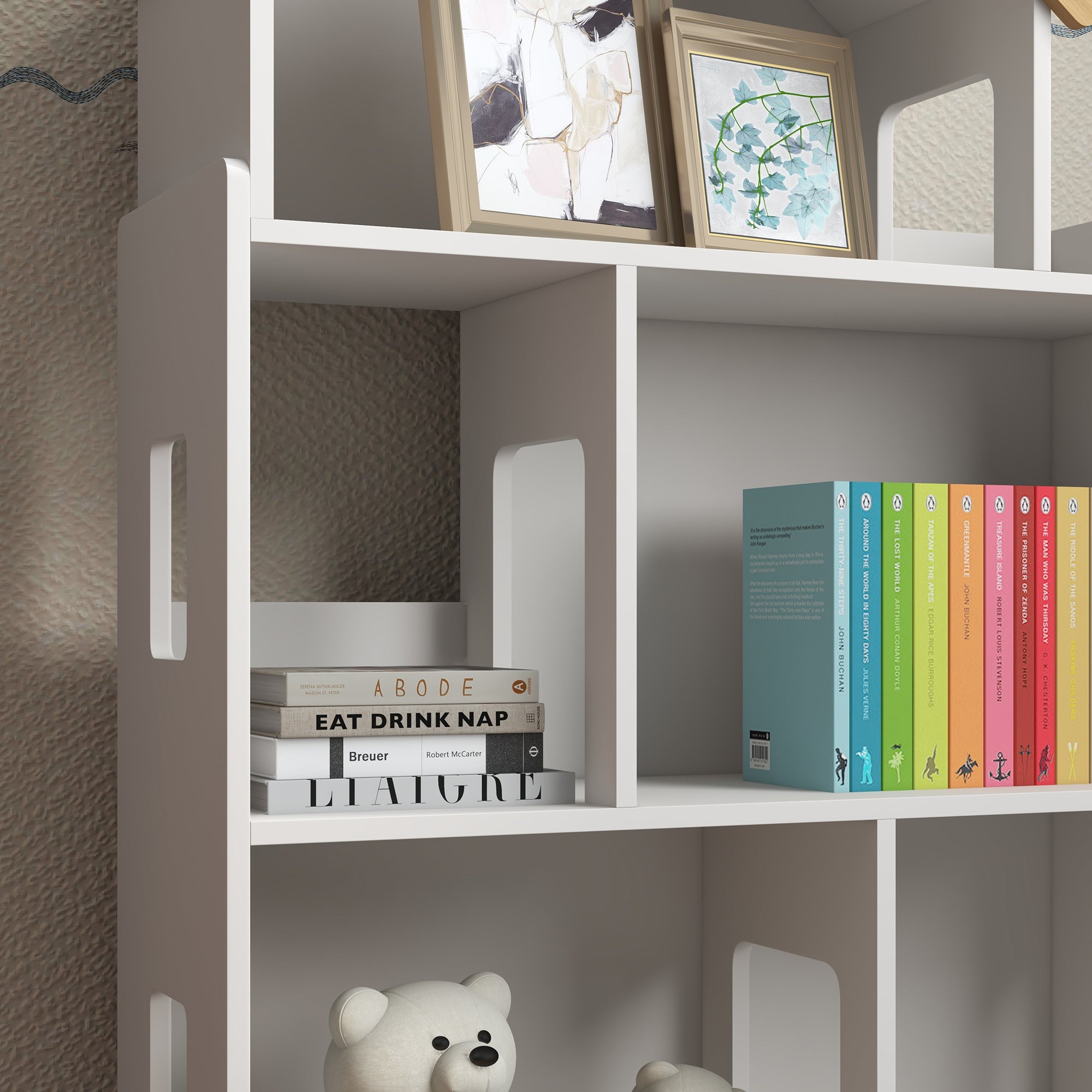 ZONEKIZ Three-Tier Toy Storage Shelf, Kids Bookcase, with Six Cubes, for Playroom, Bedroom - White - North Peak Garden Furniture