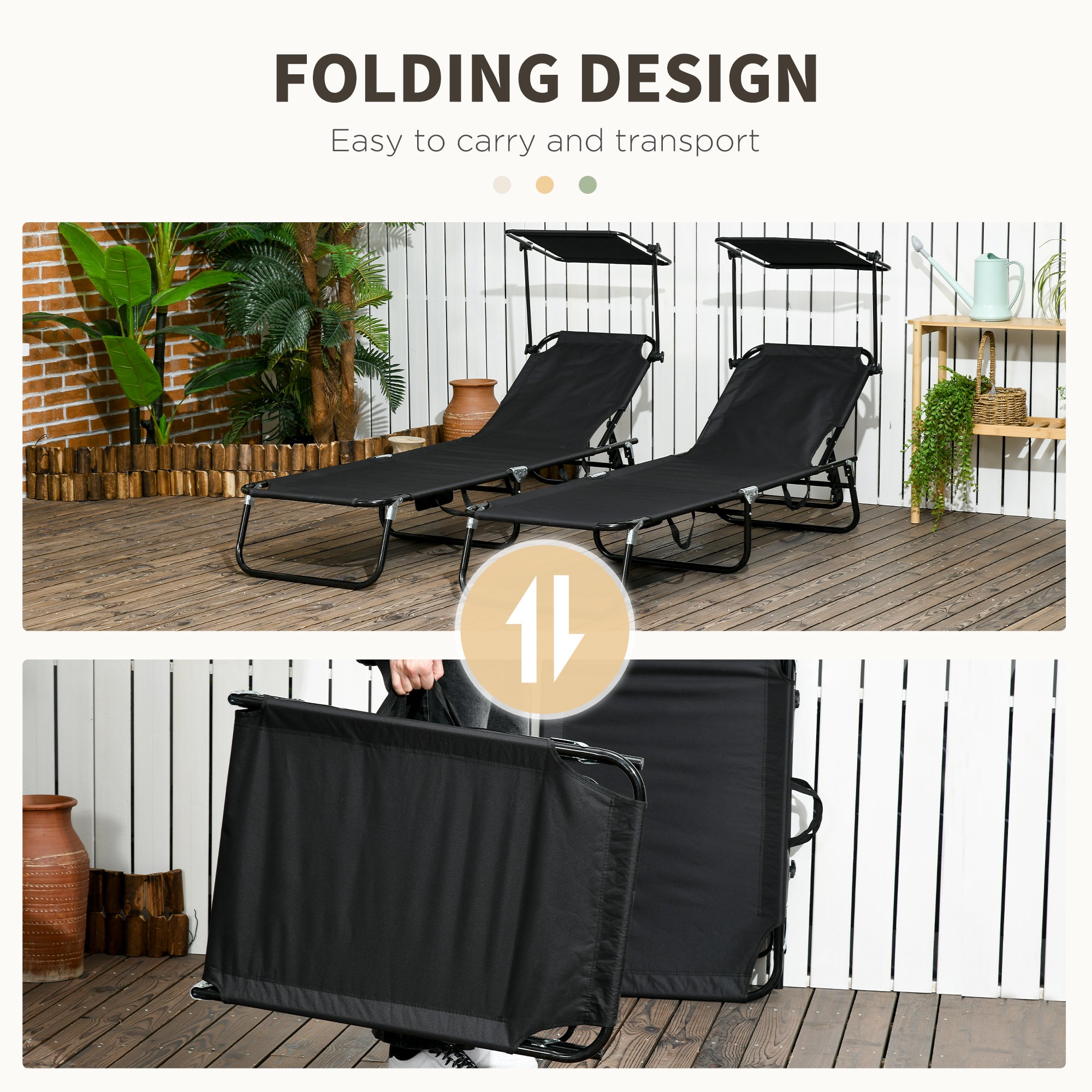 Outsunny Set of Two Folding Sun Loungers, with Adjustable Backs and Sun Canopies - Black