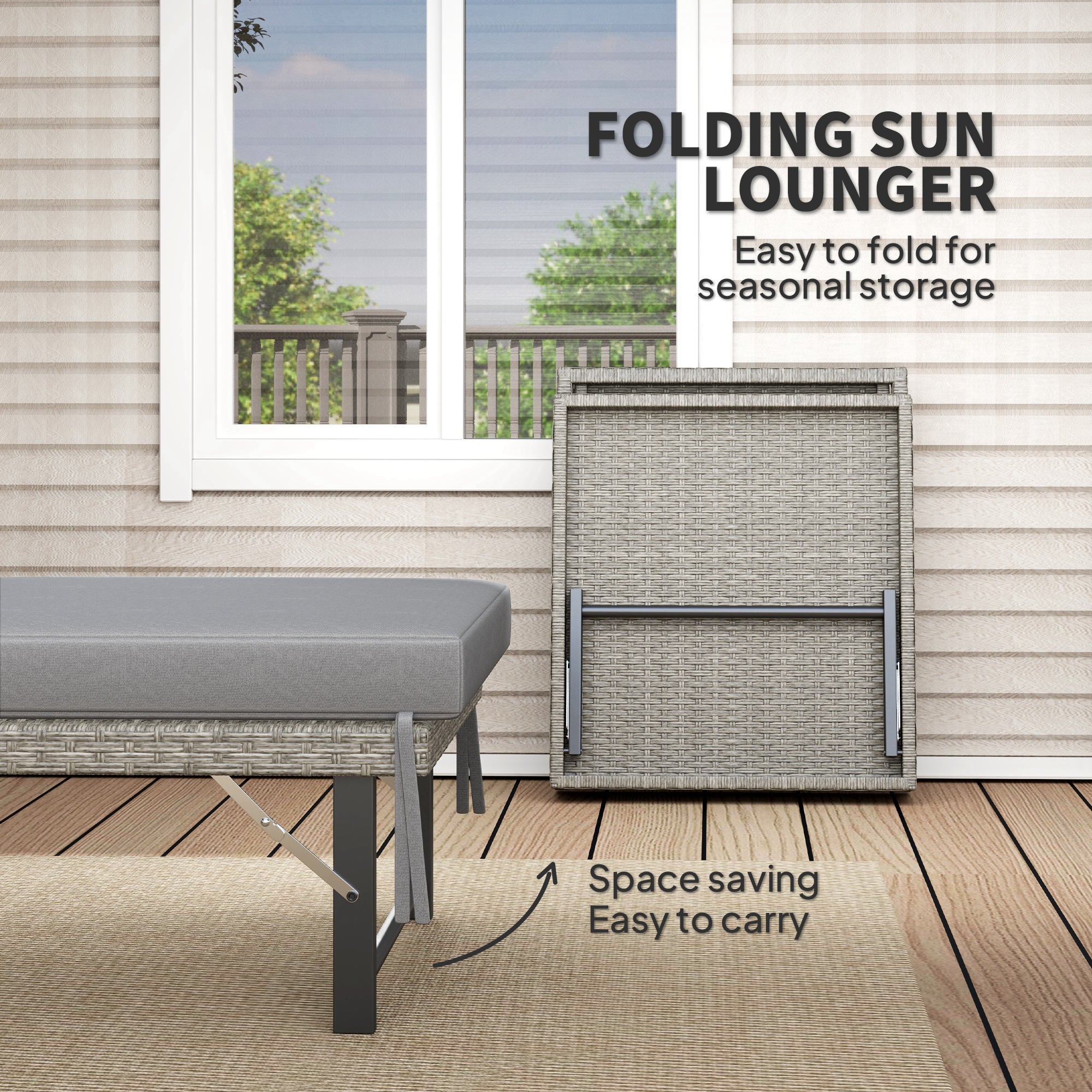 Outsunny Single Folding Rattan Sun Lounger, with Cushion - Grey