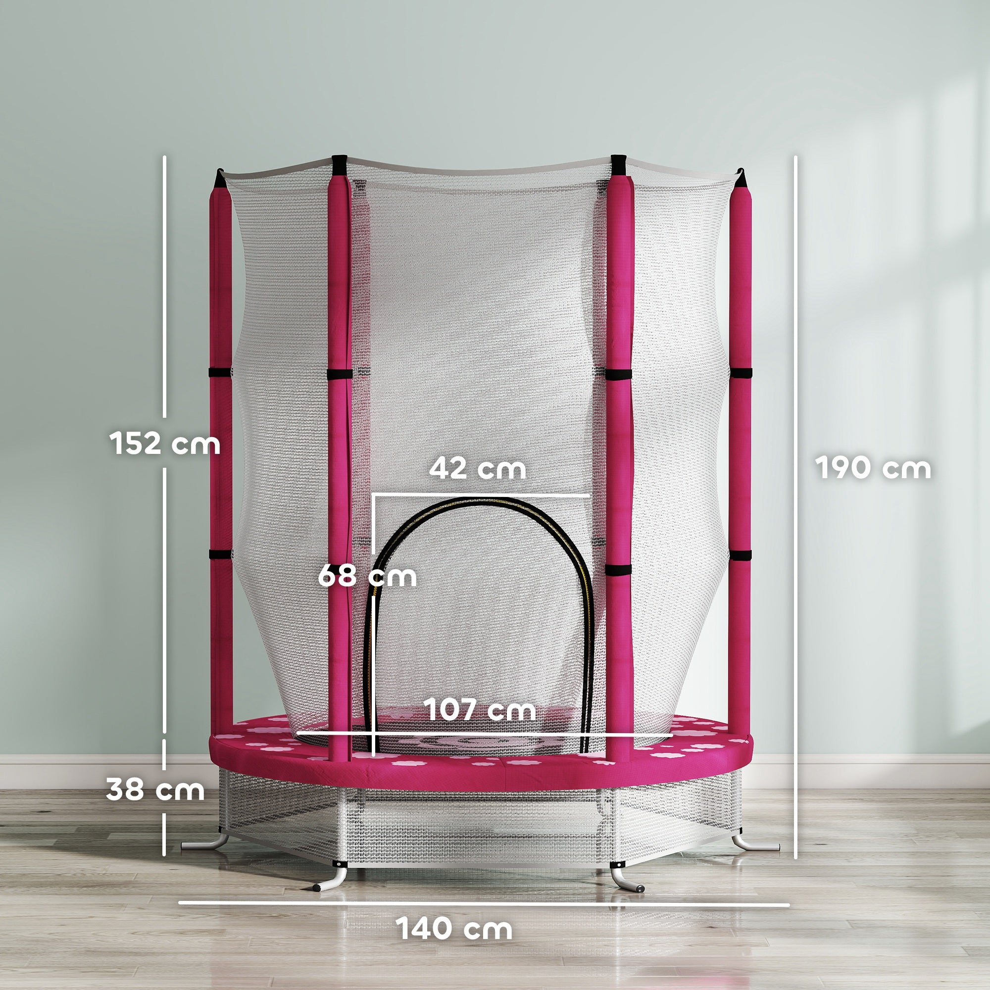 AIYAPLAY 4.6FT Toddler Trampoline w/ Safety Enclosure Net, for Indoor Outdoor Use, Ages 3-6 Years, Sun Pattern - Pink