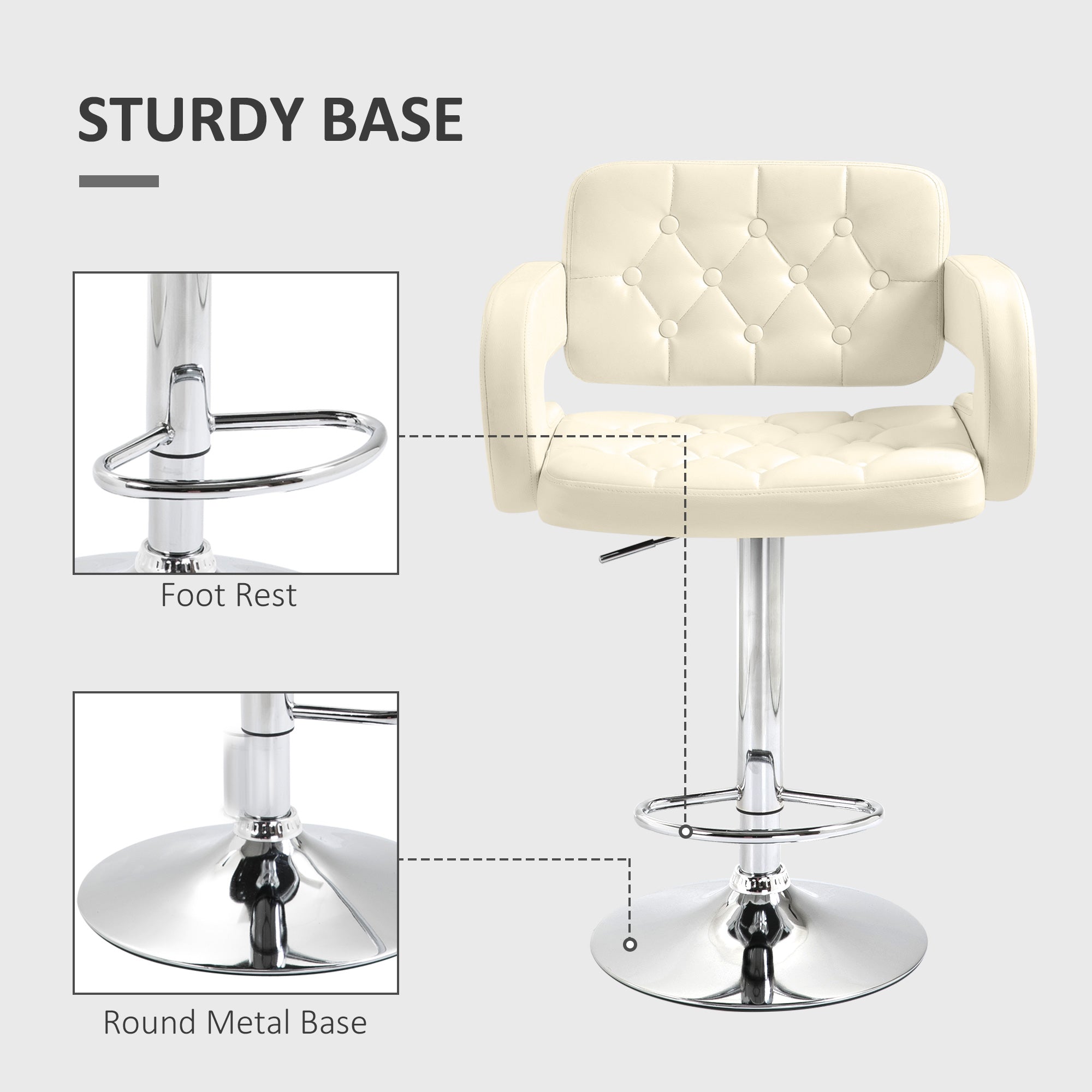 HOMCOM PU Leather Upholstered Swivel Bar Stool, Height Adjustable Barstool with Back, Armrest, Footrest for Kitchen - North Peak Garden Furniture