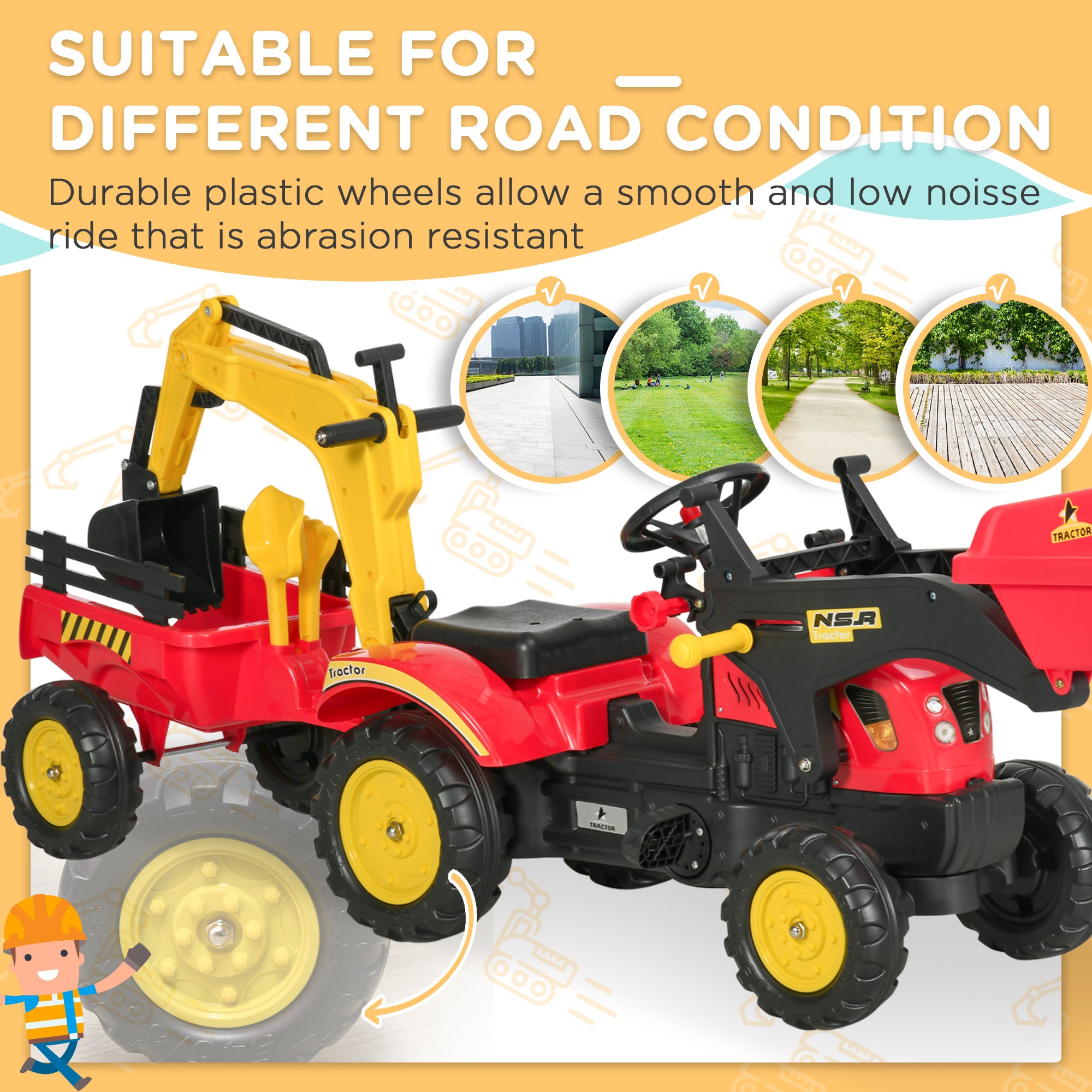 HOMCOM Kids Children Pedal Go Kart Ride On Toy Car Excavator Tractor w/ Moving Bucket Steering Wheel Removable Digger For 3 - 6 Years - North Peak Garden Furniture