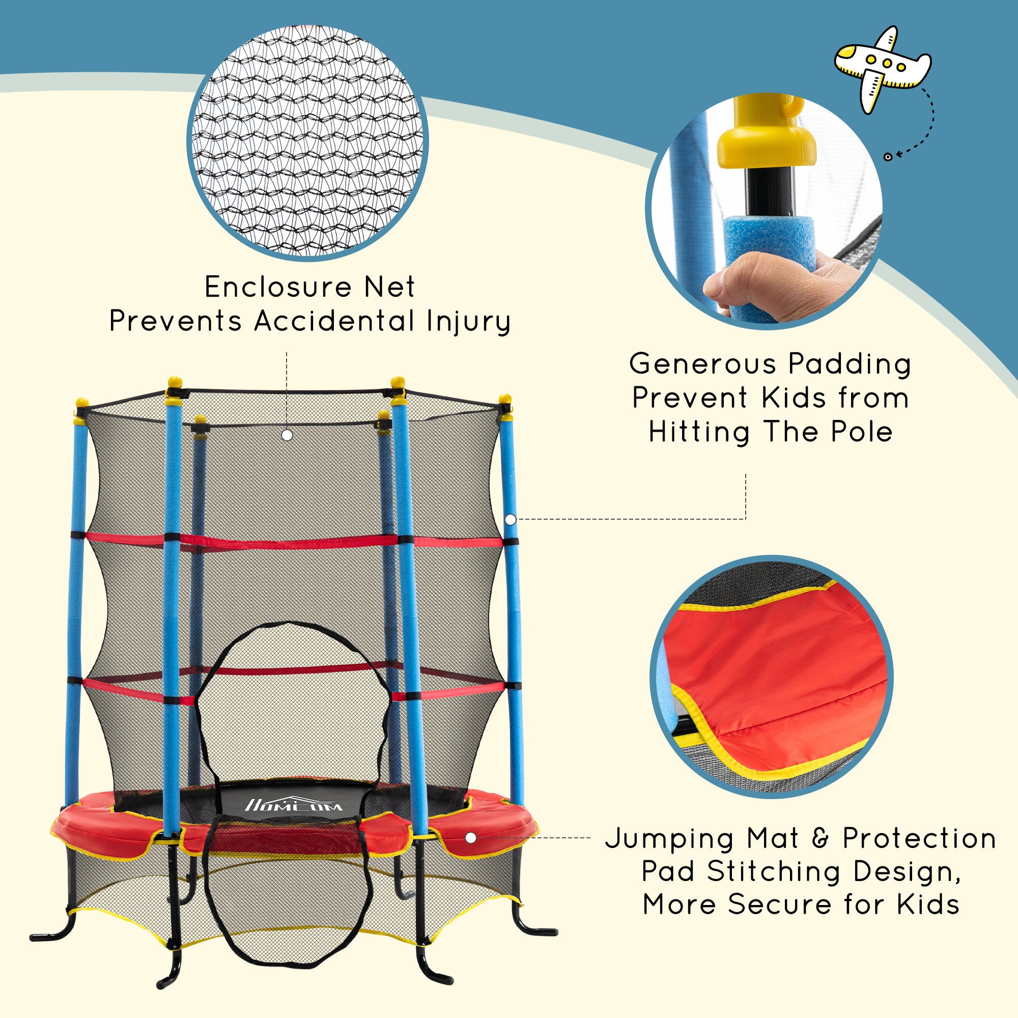 HOMCOM Kids Trampoline, with Safety Net, for Ages 3-10 Years